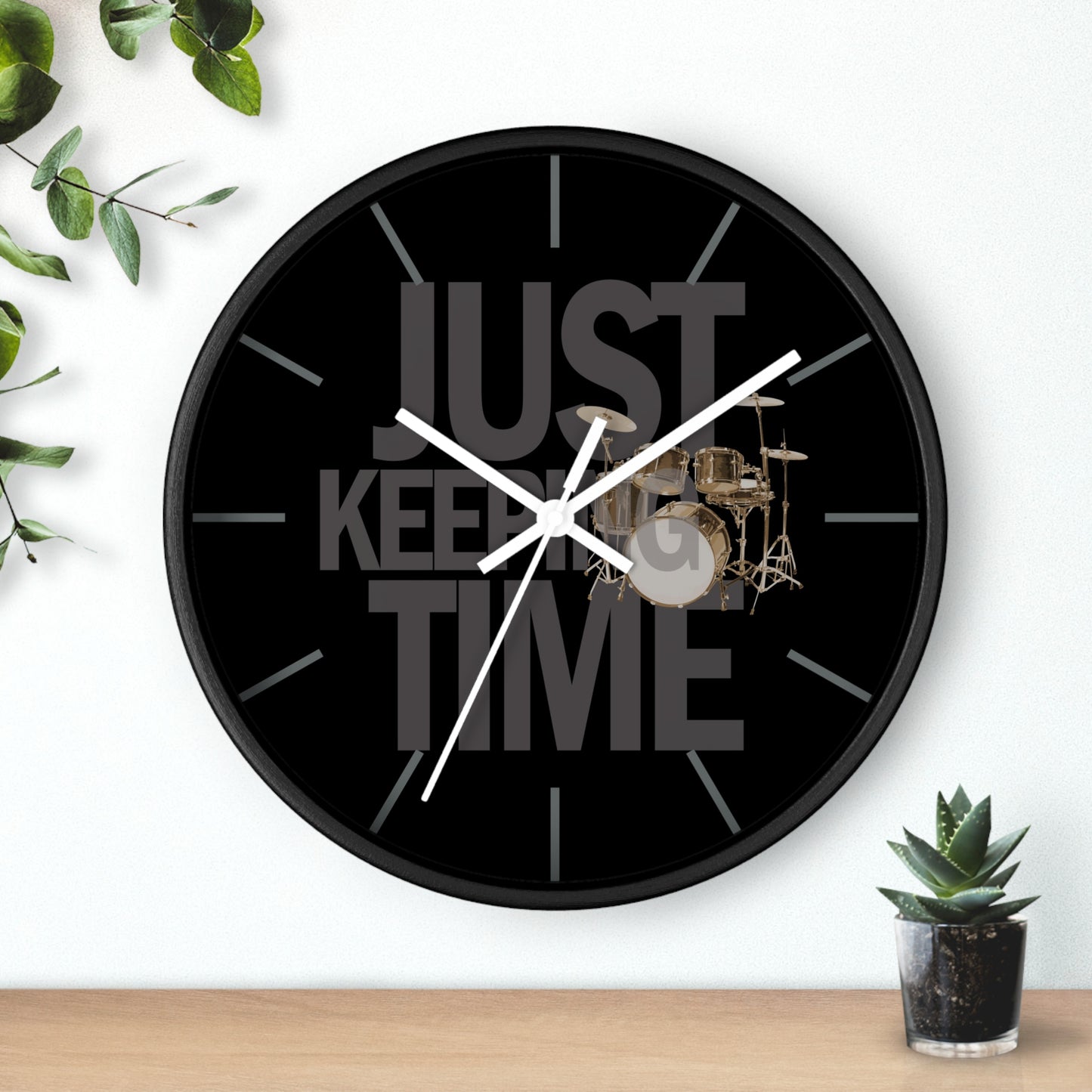 Just Keeping TIME | Drums-themed 10" Wall Clock, 2" black frame and plexiglass front, Drummer Gift
