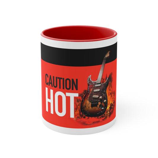 Burning Stratocaster Guitar Coffee Mug, CAUTION HOT mockup