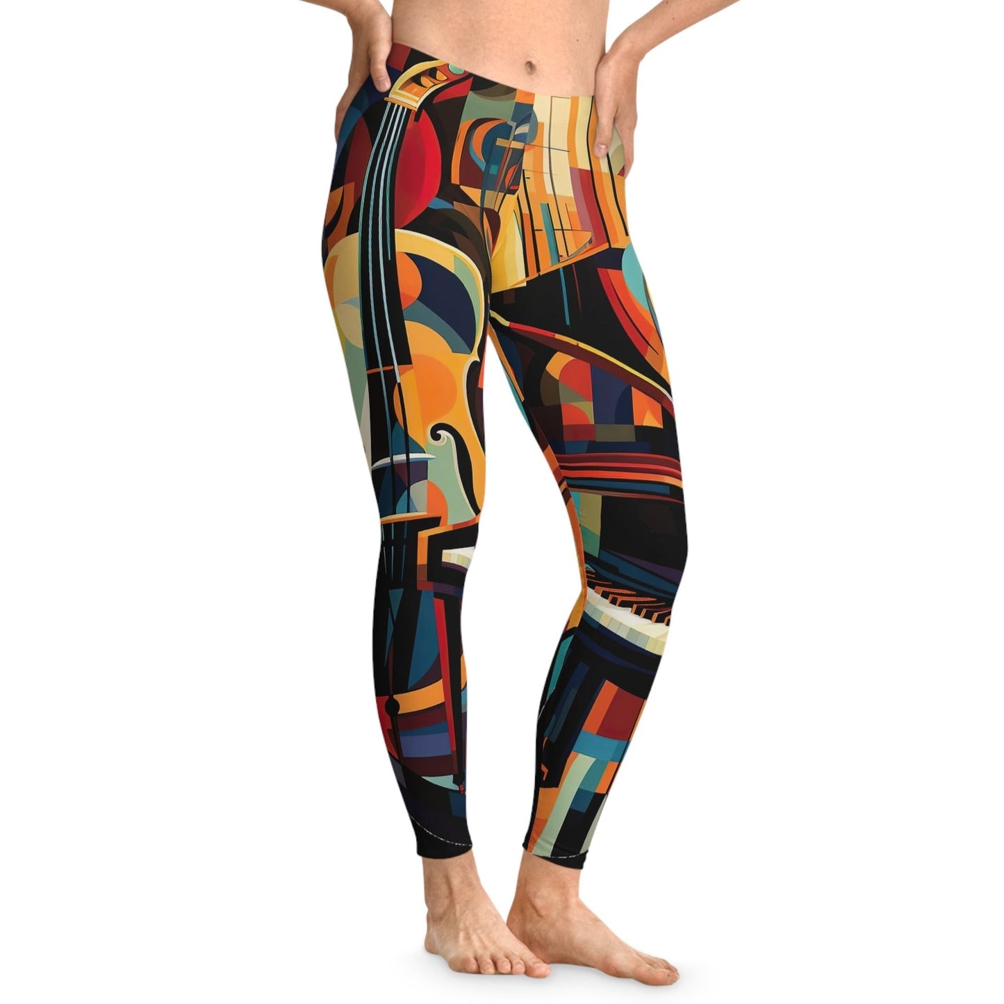 Cubism-style piano Stretchy Leggings mock up on model