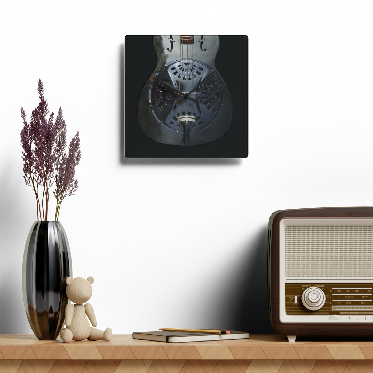 Acrylic Wall Clock, Dobro-themed, image-only square or round sizes, st