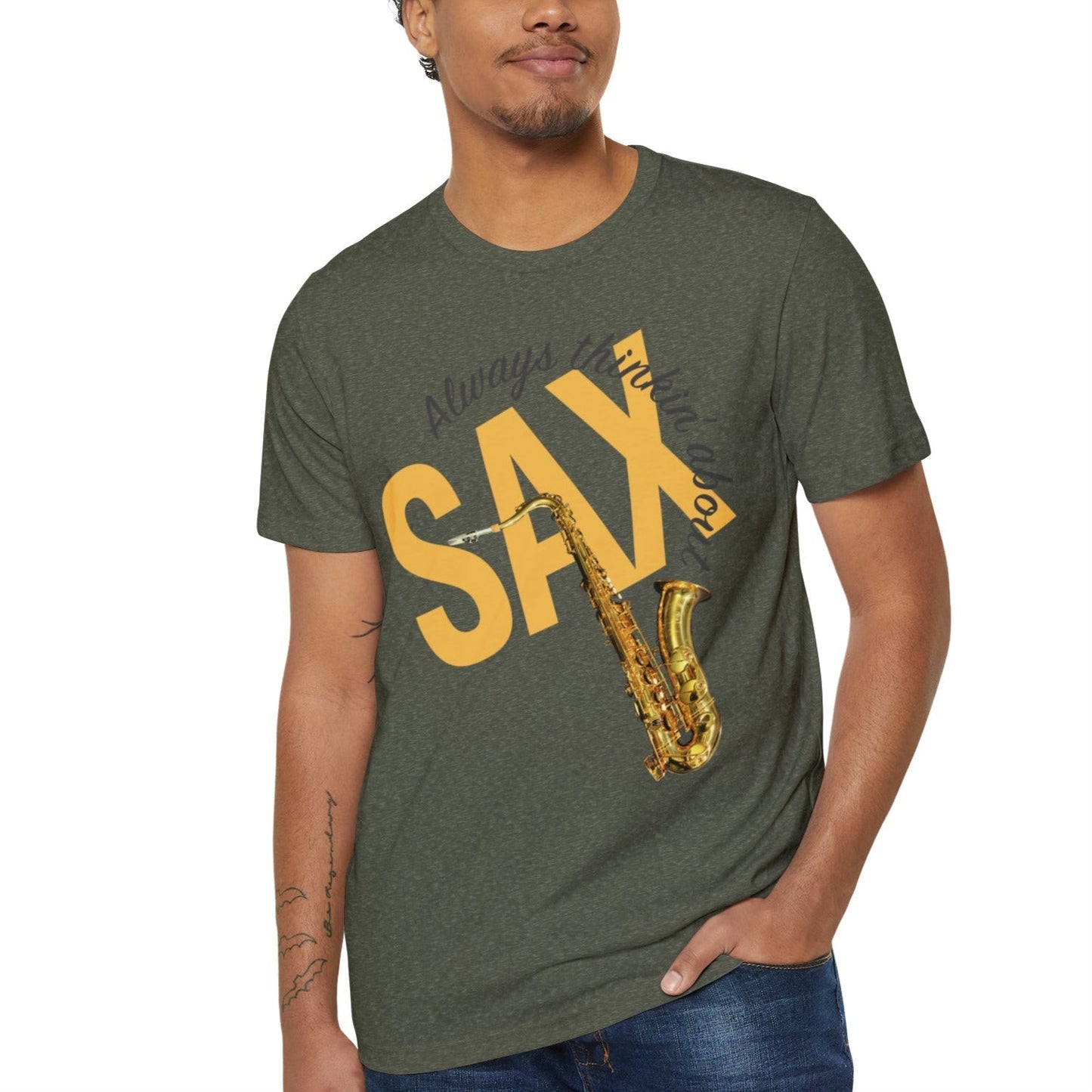 Always Thinkin About SAX T-Shirt Mockup on model