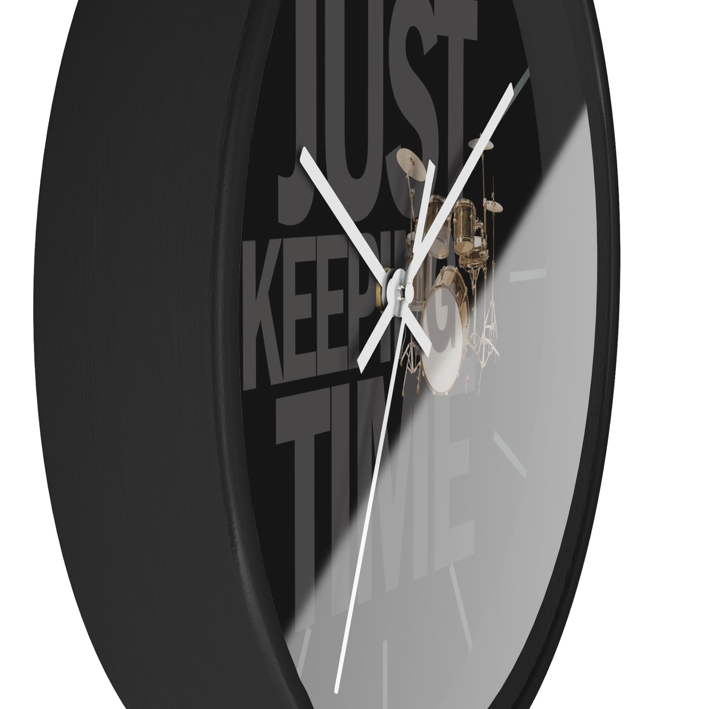 Just Keeping TIME | Drums-themed 10" Wall Clock, 2" black frame and plexiglass front, Drummer Gift