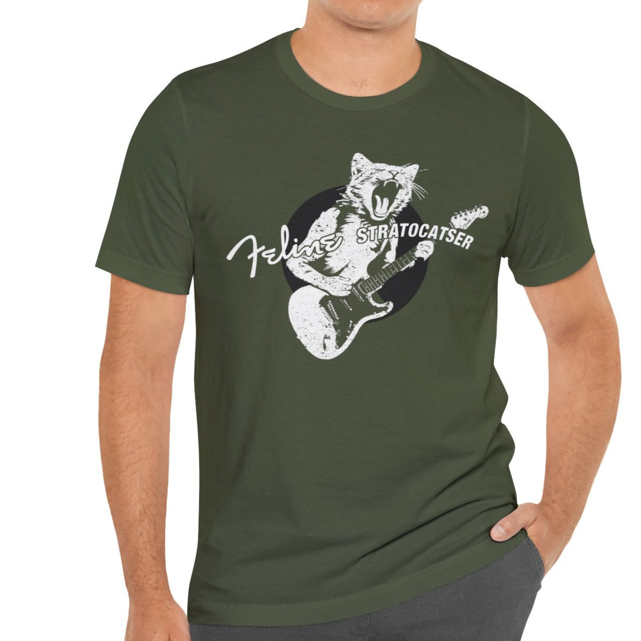 Guitar Cat Stratocatser T-shirt mock up on model