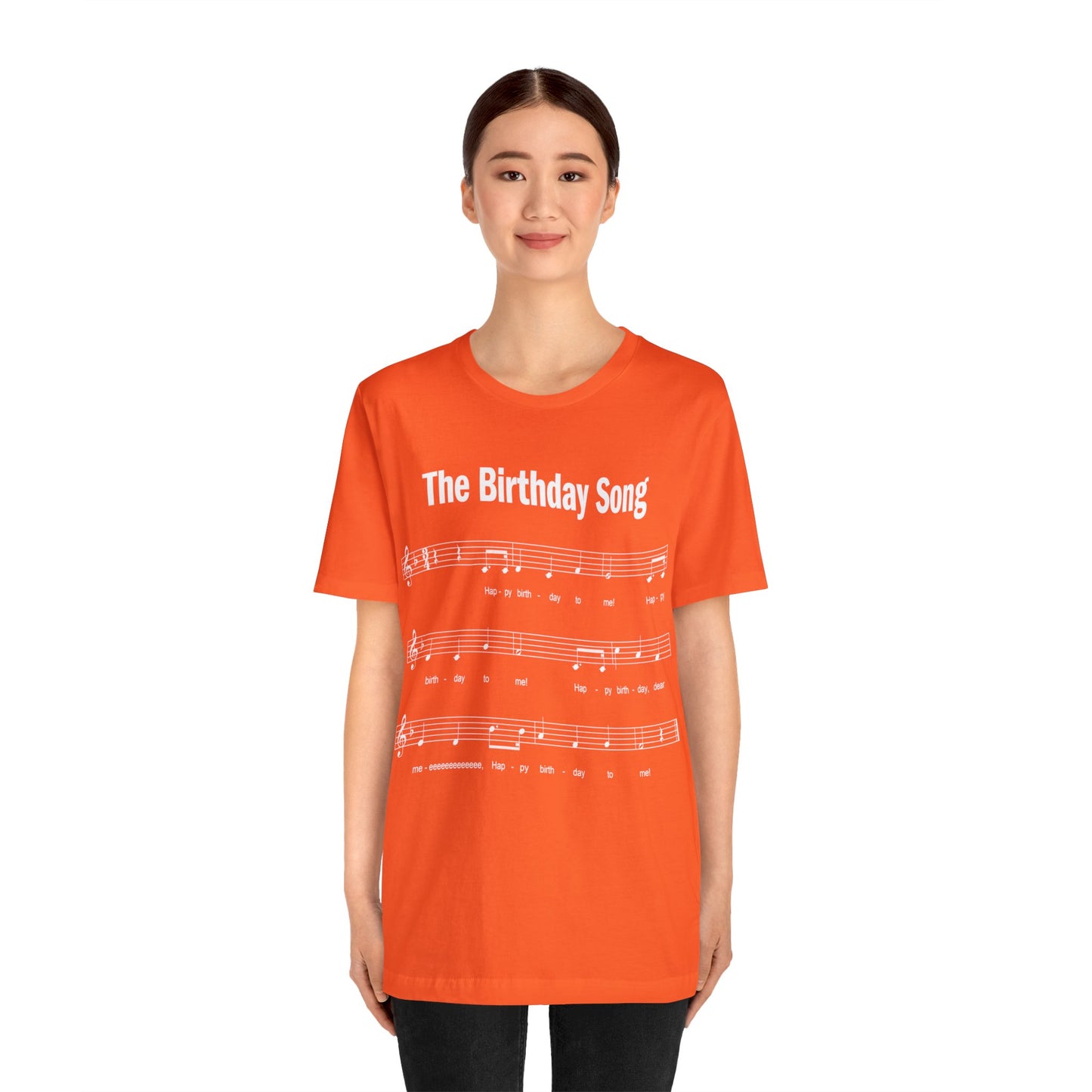 Woman wearing 30th Birthday Gift T-shirt, Birthday Song on front, THREE OH! 2-sided, Unisex, orange