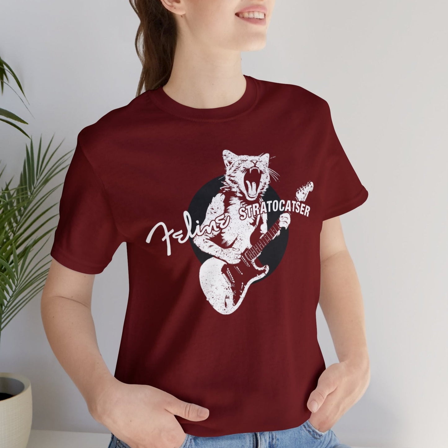 Guitar Cat Stratocatser T-shirt mock up on model