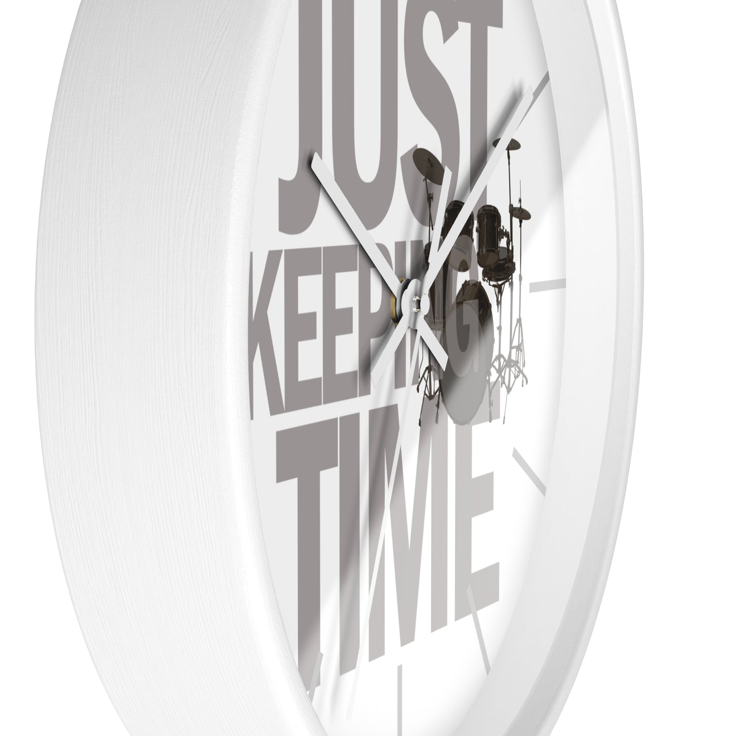 Just Keeping TIME | Drums-themed 10" Wall Clock, 2" black frame and plexiglass front, Drummer Gift