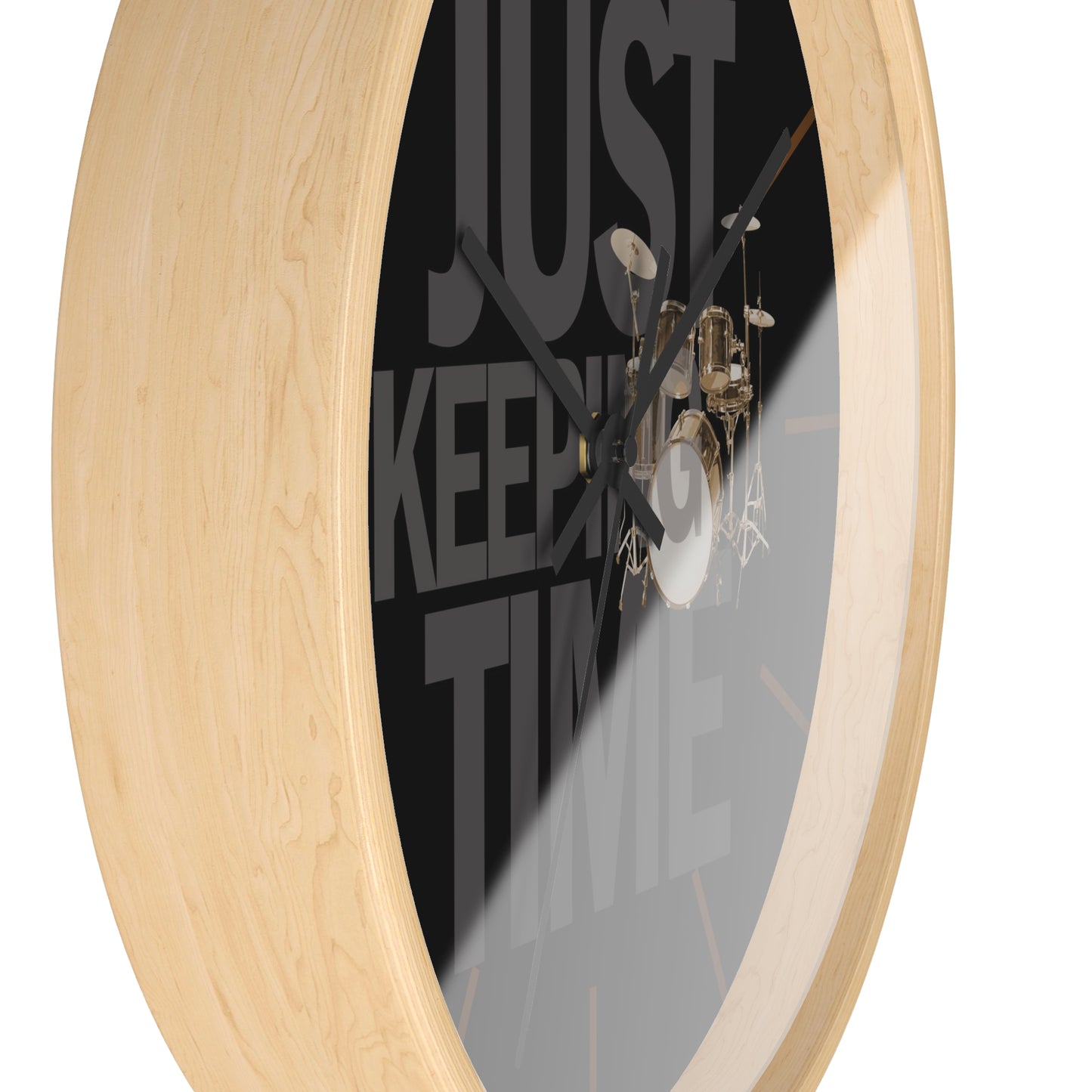 Just Keeping TIME | Drums-themed 10" Wall Clock, 2" black frame and plexiglass front, Drummer Gift