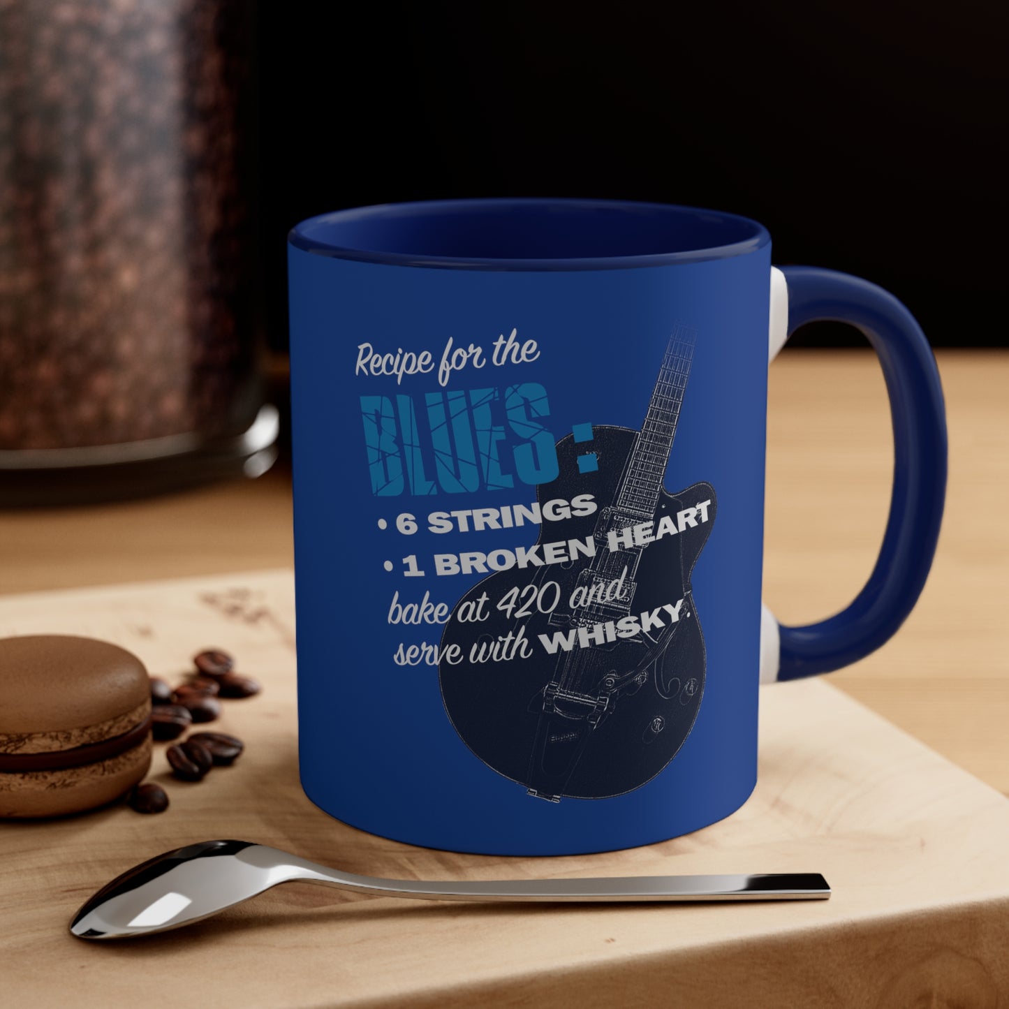 RECIPE for the BLUES Coffee Mug, with Gretsch Electric Guitar and Juke Joint in Acton logo, Music fan Gift, 11oz, Blue or Black for Blues Fans