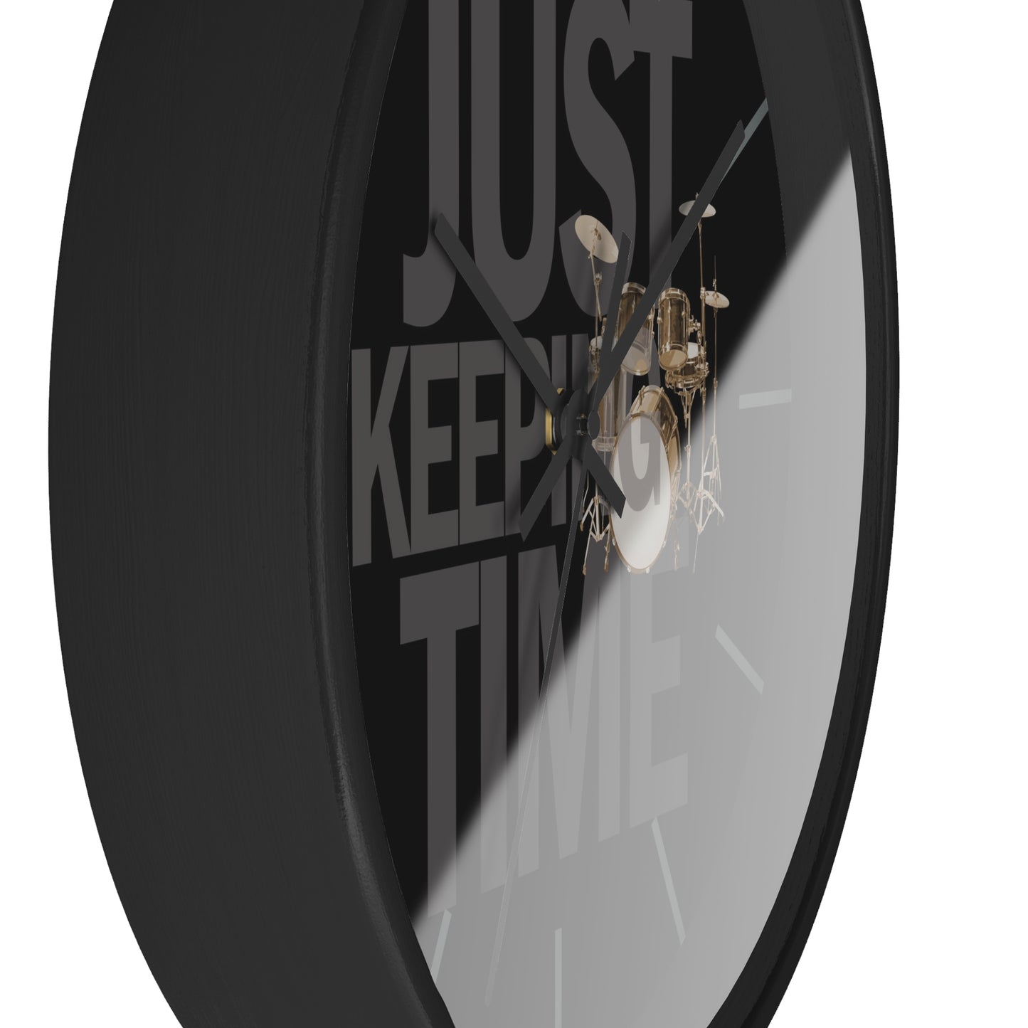 Just Keeping TIME | Drums-themed 10" Wall Clock, 2" black frame and plexiglass front, Drummer Gift