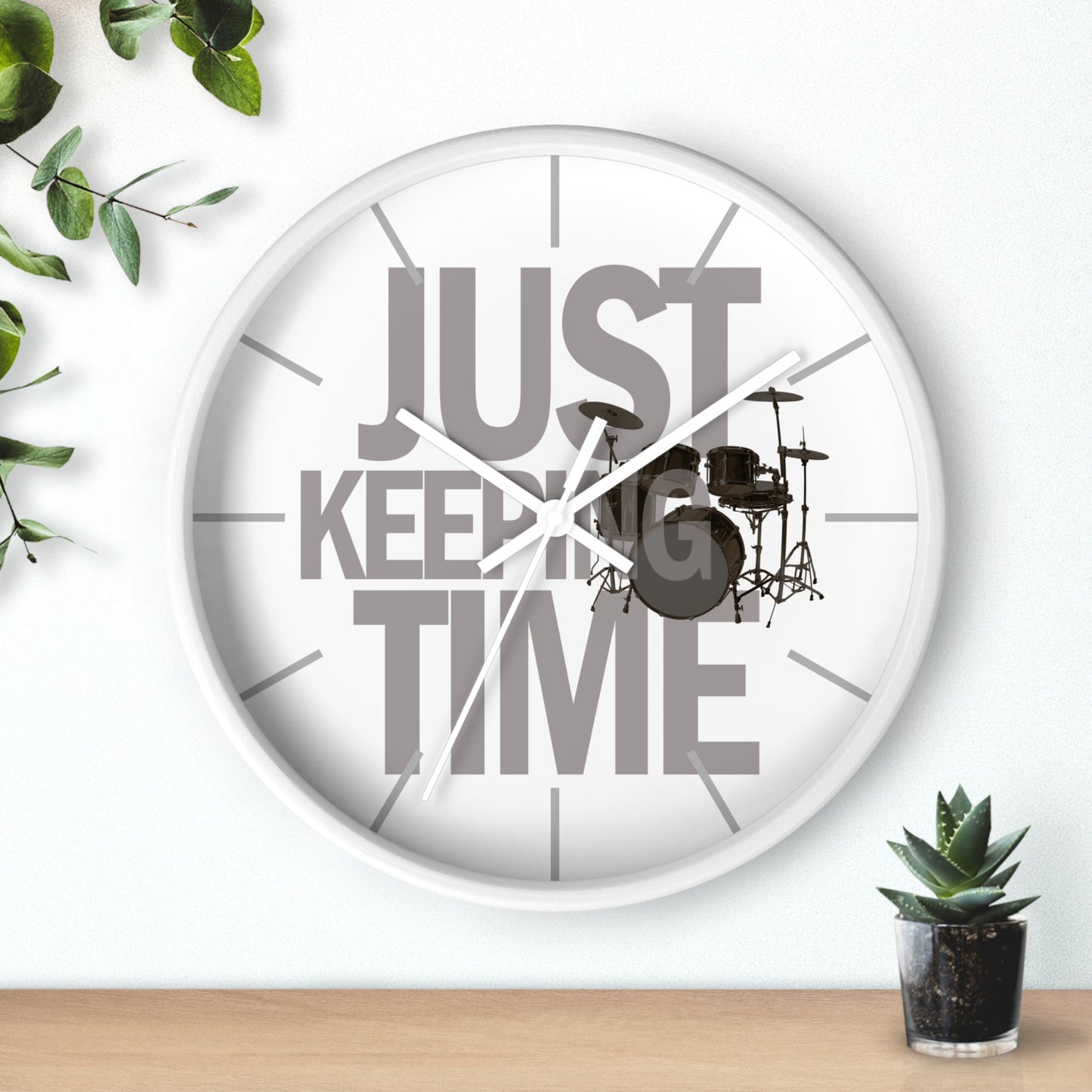 Just Keeping TIME | Drums-themed 10" Wall Clock, 2" black frame and plexiglass front, Drummer Gift