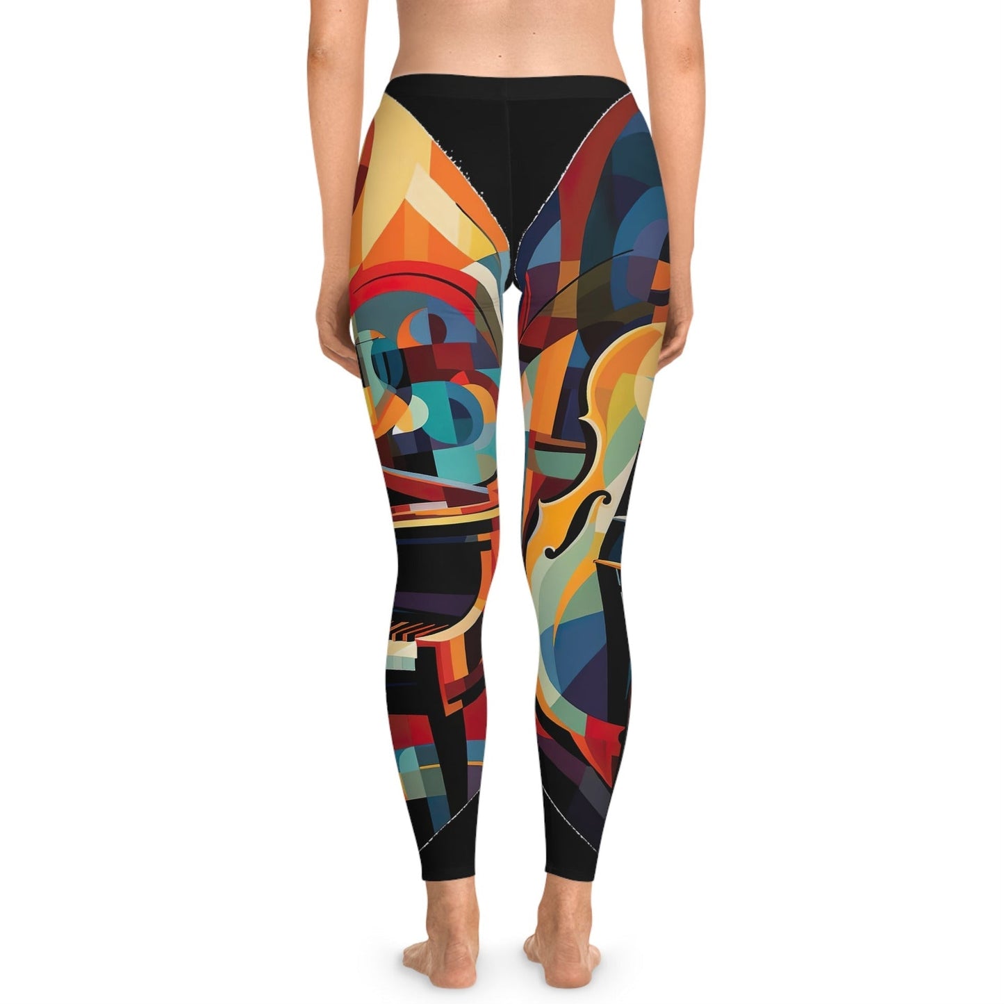Cubism-style piano Stretchy Leggings mock up on model