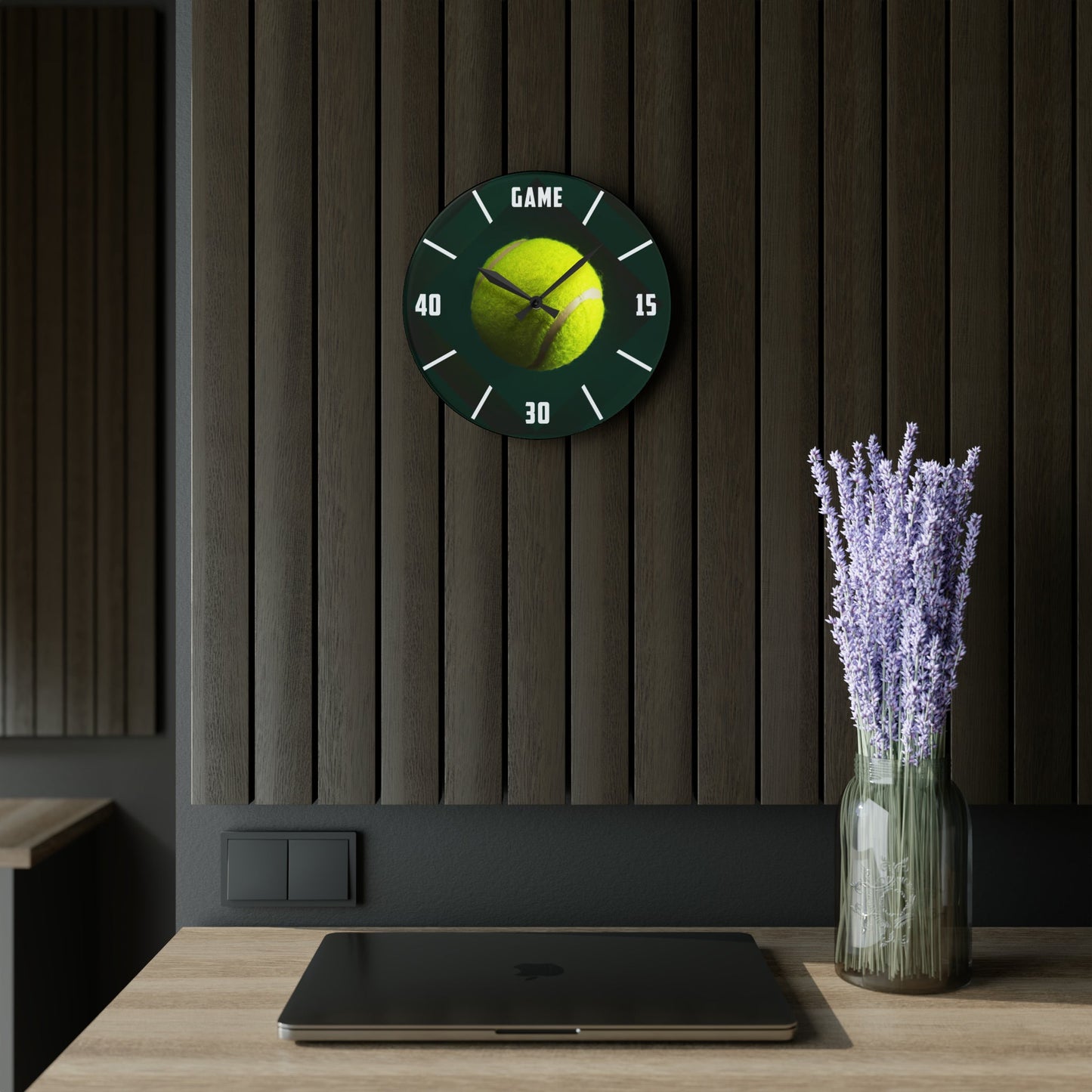 TENNIS TIME Acrylic Frameless Wall Clock mockup on wall