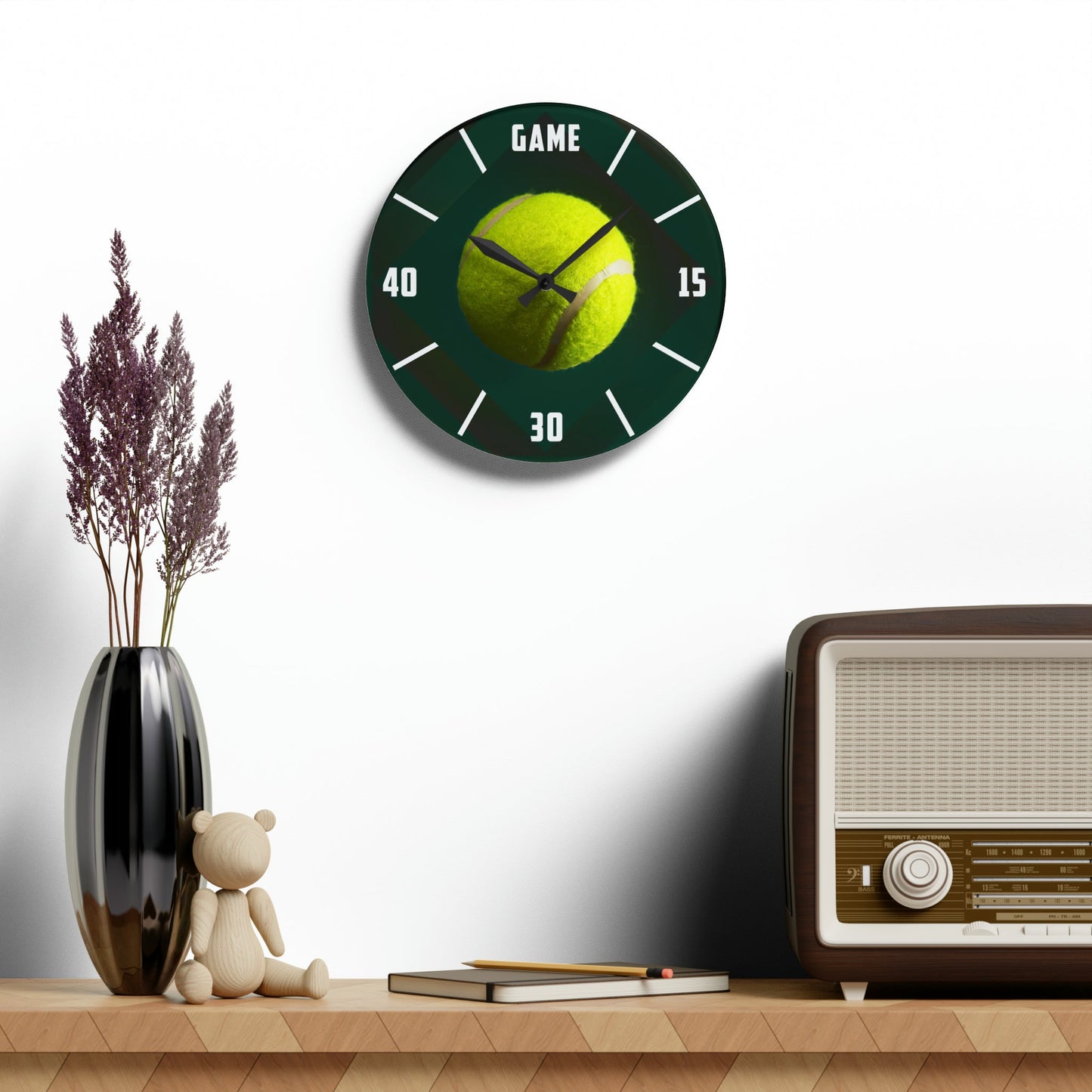 TENNIS TIME Acrylic Frameless Wall Clock mockup on wall