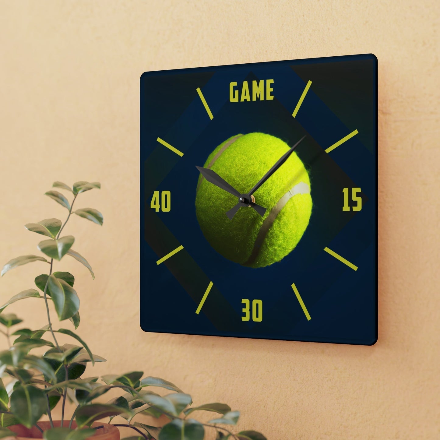 TENNIS TIME Acrylic Frameless Wall Clock Blue mockup on wall