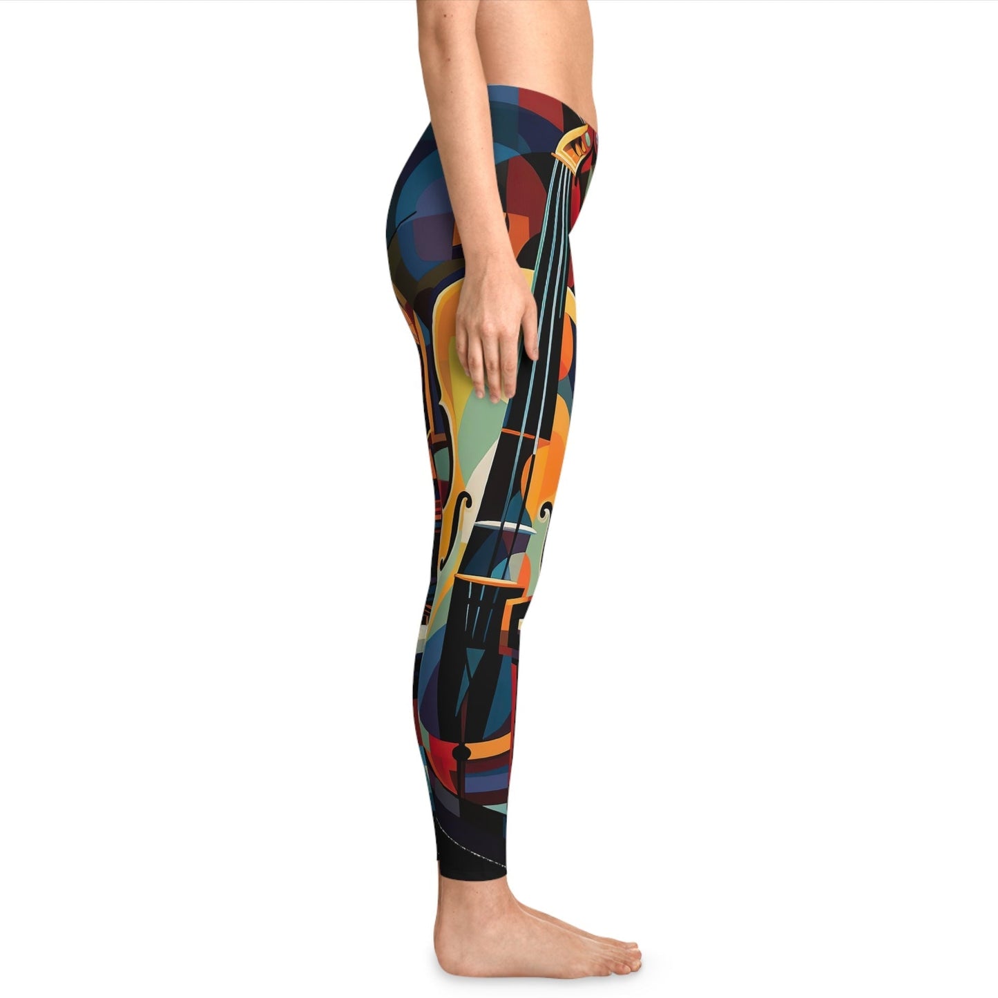 Cubism-style piano Stretchy Leggings mock up on model