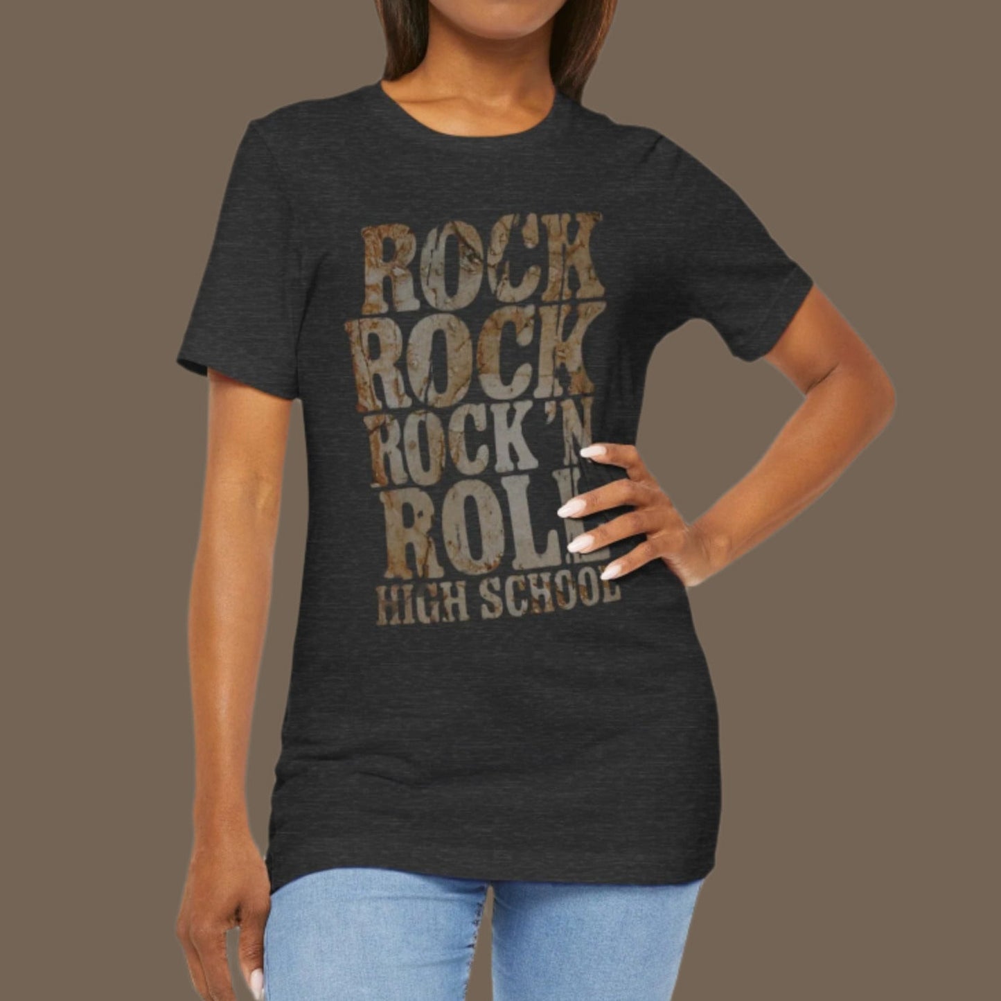 Woman wearing a black t-shirt with 'Rock Rock N Roll High School' text on a white background