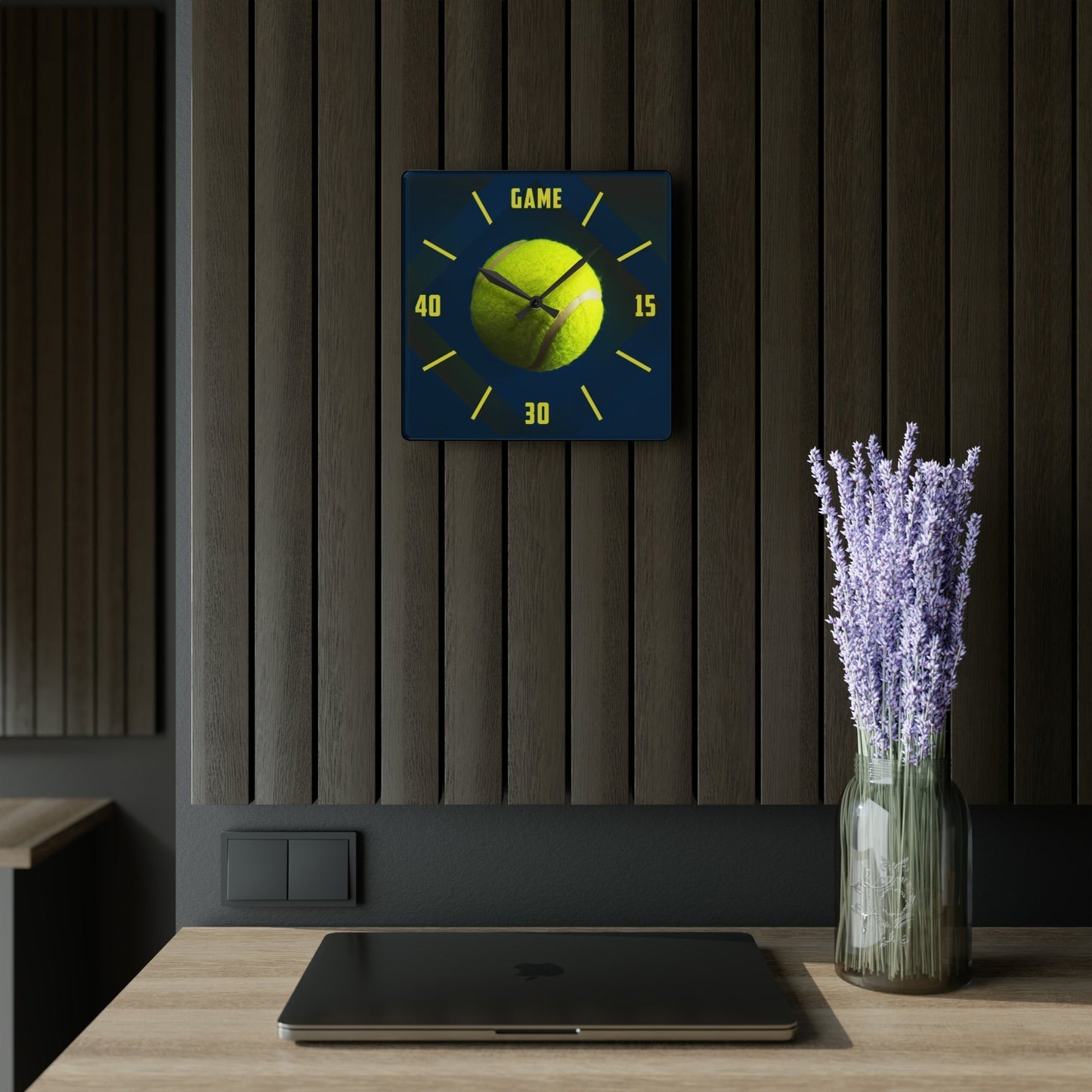 TENNIS TIME Acrylic Frameless Wall Clock Blue mockup on wall