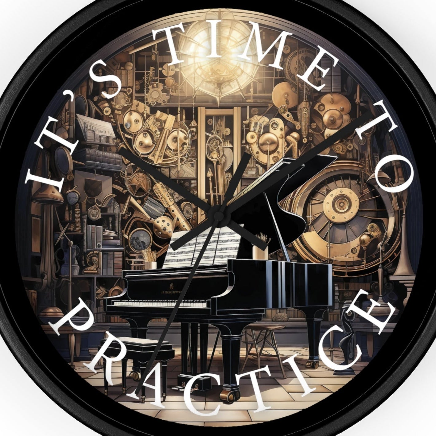 It's TIME to PRACTICE 10" Wall Clock, piano in a surrealistic fantasy