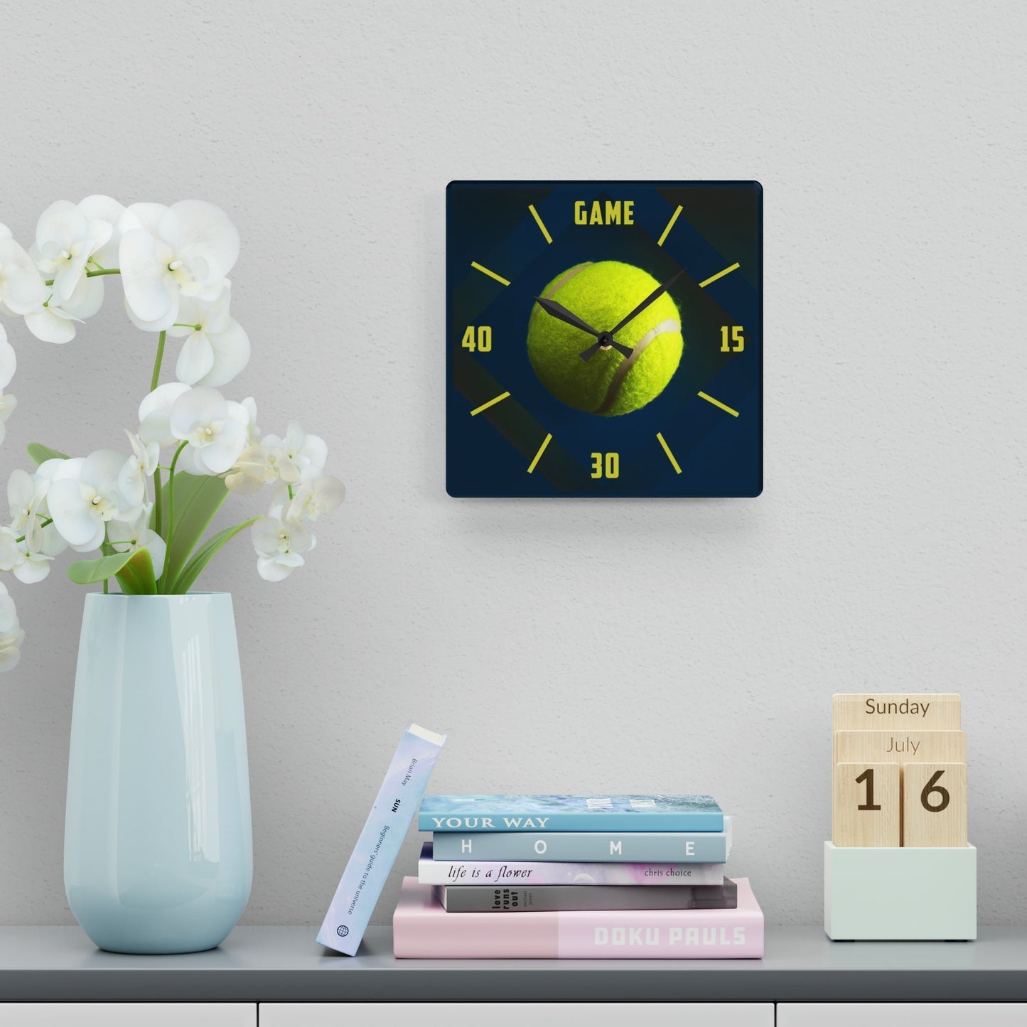TENNIS TIME Acrylic Frameless Wall Clock Blue mockup on wall