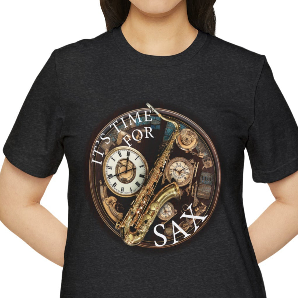 Its Time for SAX Recycled T-shirt mock up on model