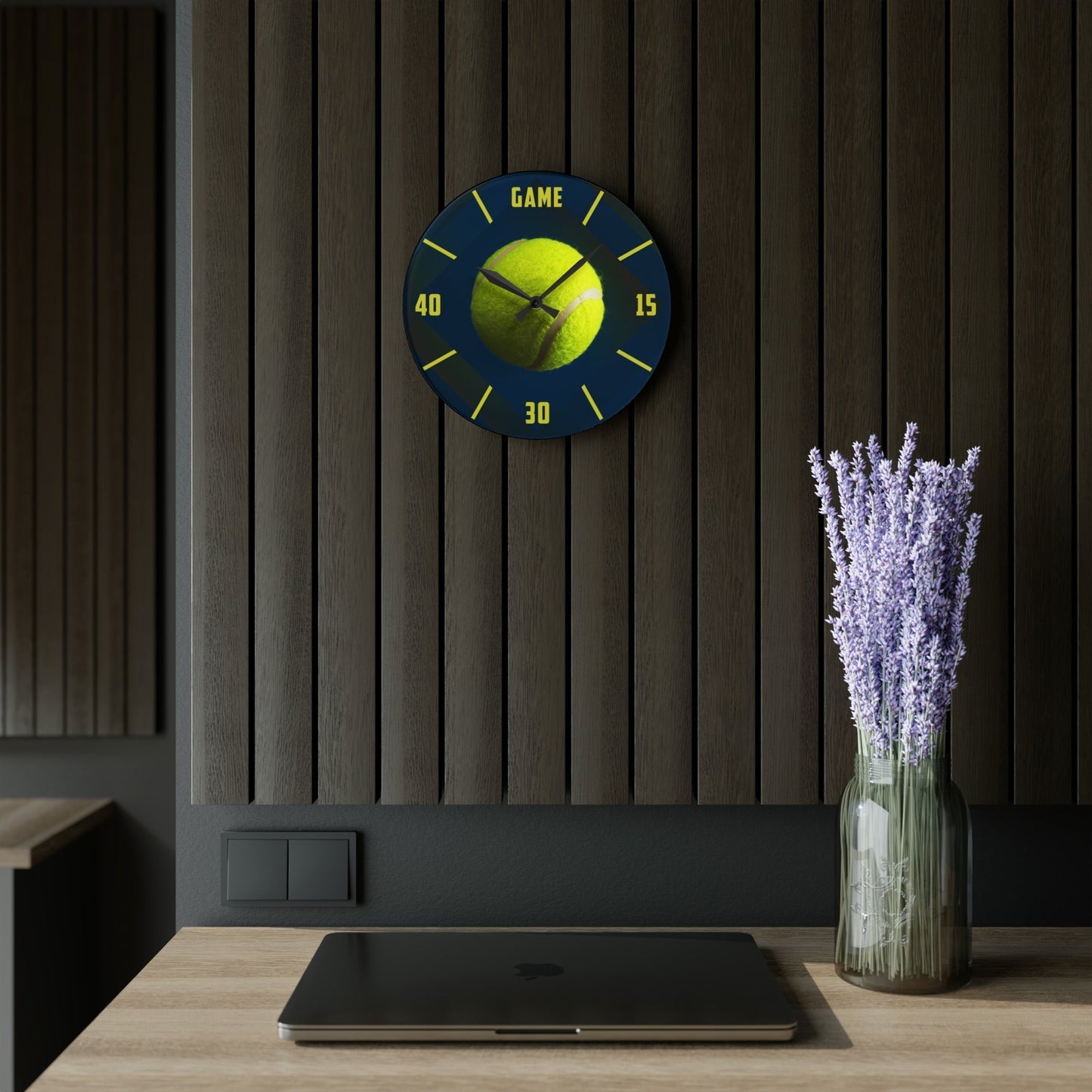 TENNIS TIME Acrylic Frameless Wall Clock Blue mockup on wall