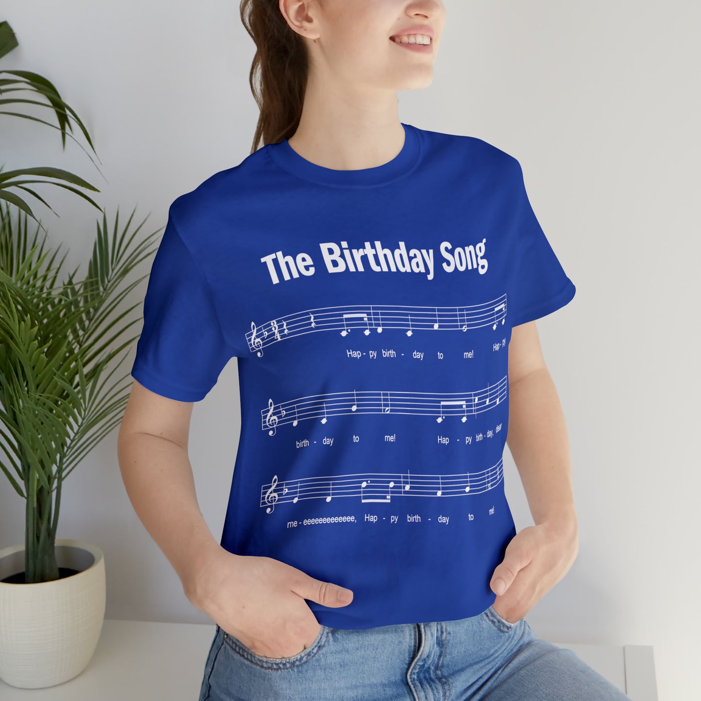 woman wearing 20th Birthday Gift T-shirt, Birthday Song on front, Unisex, blue