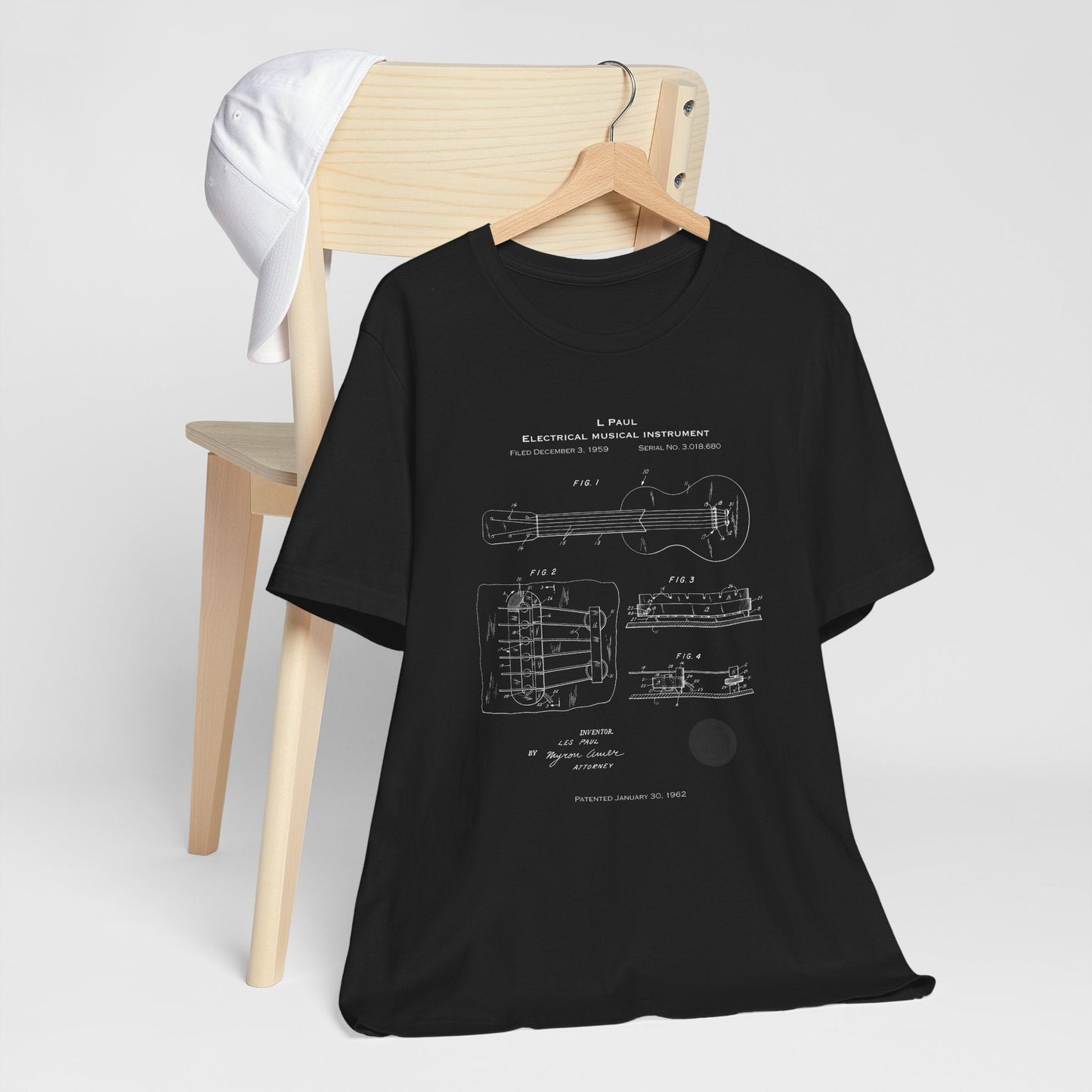 L. Paul Guitar Patent T-shirt mock up on chair