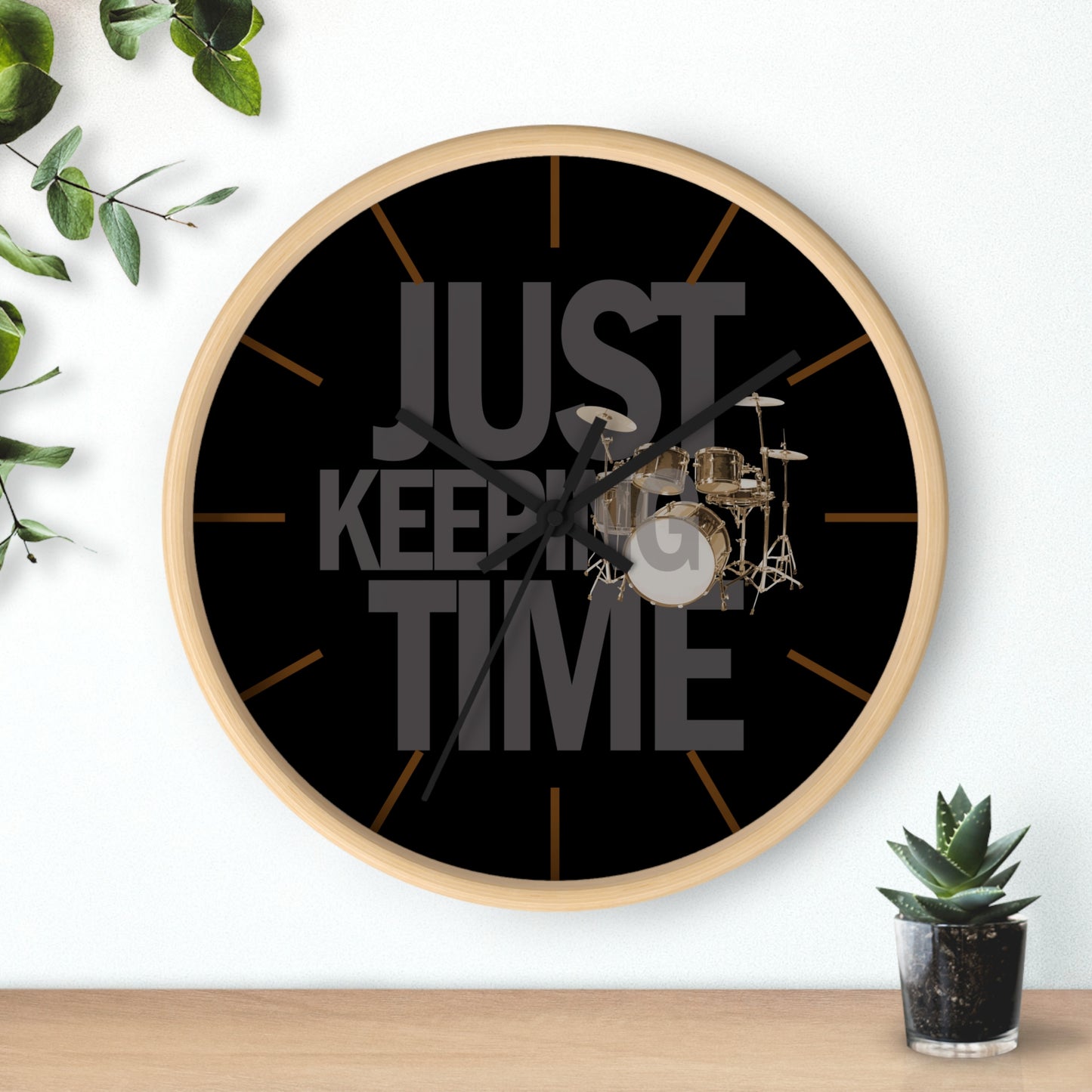 Just Keeping TIME | Drums-themed 10" Wall Clock, 2" black frame and plexiglass front, Drummer Gift