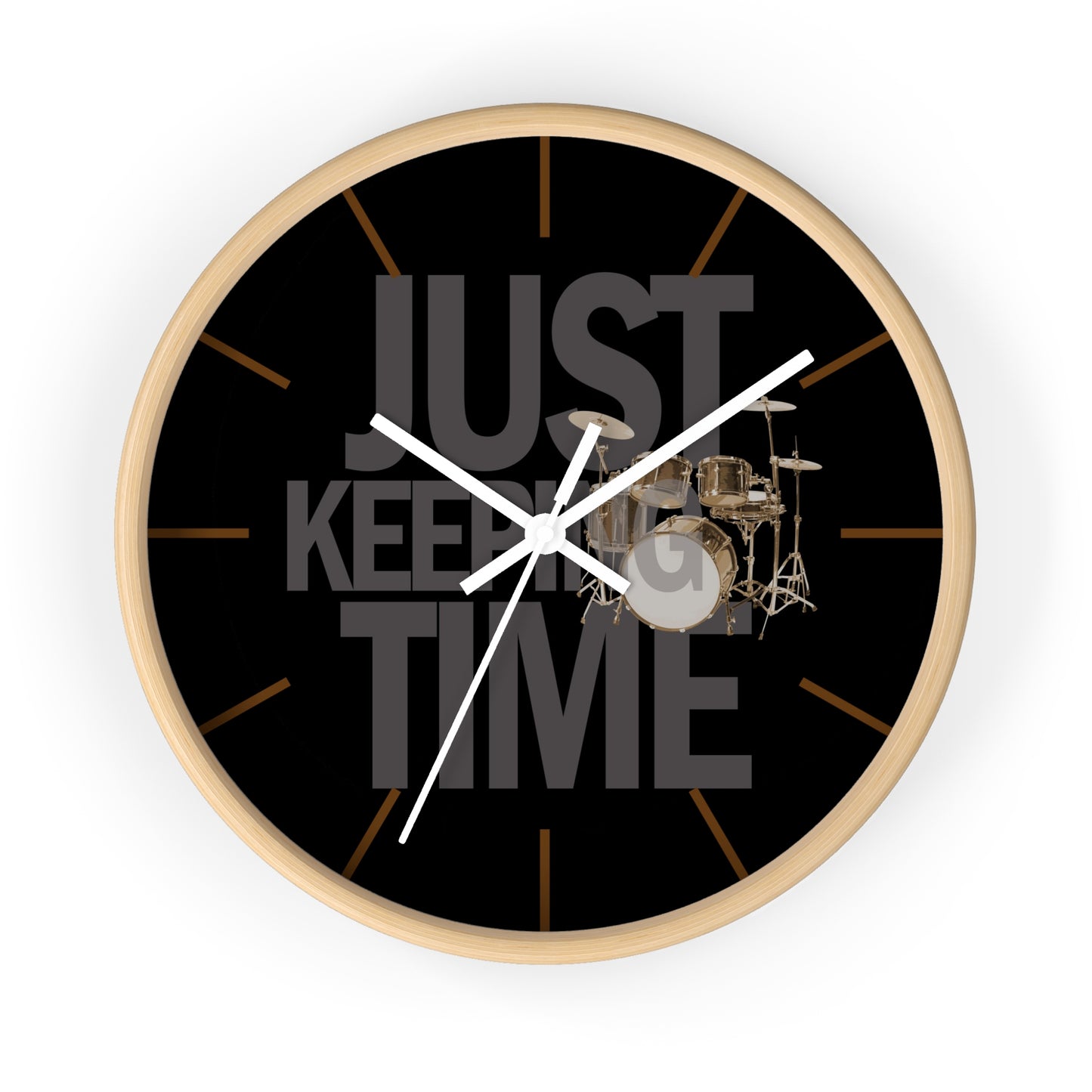 Just Keeping TIME | Drums-themed 10" Wall Clock, 2" black frame and plexiglass front, Drummer Gift
