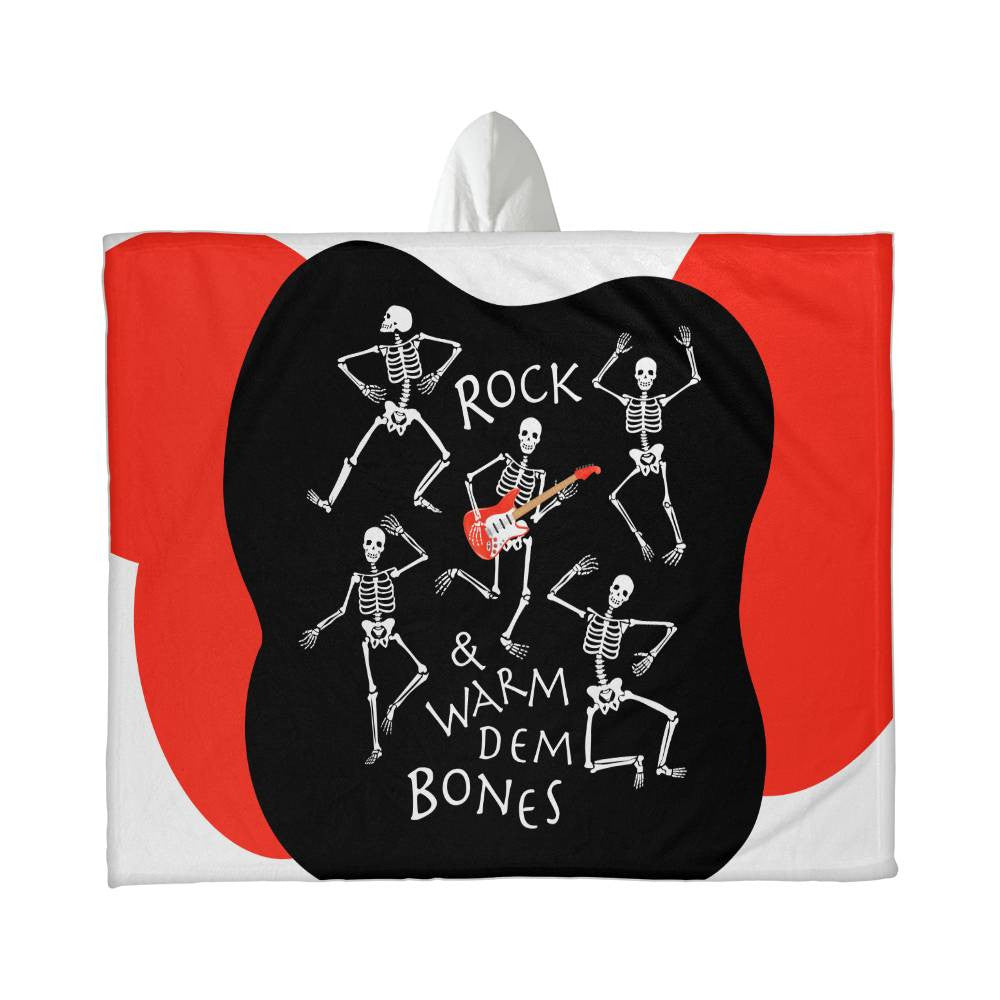Hooded Sherpa Fleece Blanket, Rock & Warm Dem Bones, Cozy Halloween Gift for Rock Fans, Teens and Guitar Players