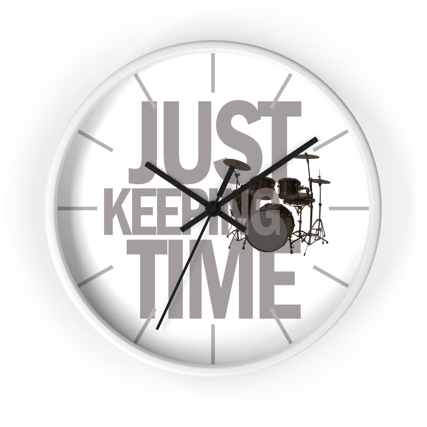Just Keeping TIME | Drums-themed 10" Wall Clock, 2" black frame and plexiglass front, Drummer Gift