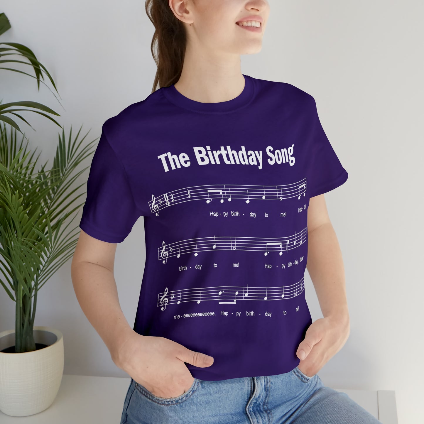 woman wearing 20th Birthday Gift T-shirt, Birthday Song on front, Unisex, purple