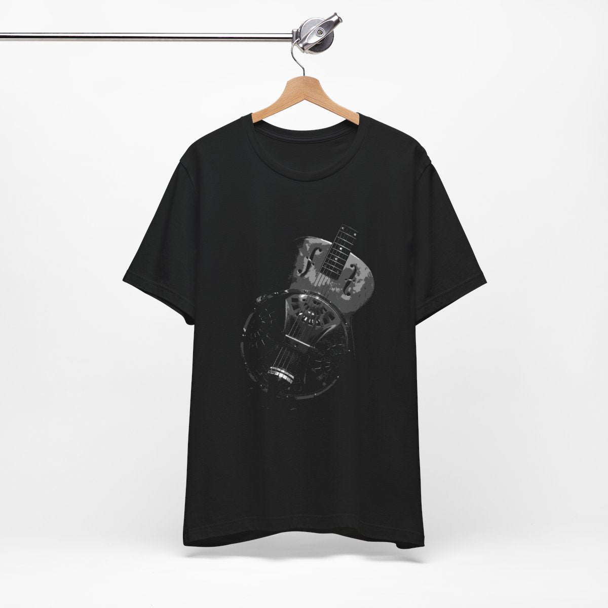 Vintage Dobro Guitar Graphic Tee T-shirt, black mockup on a hanger