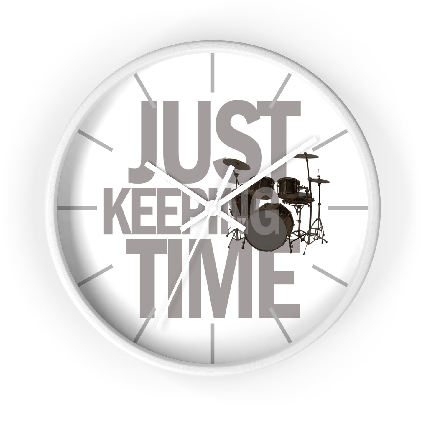 Just Keeping TIME | Drums-themed 10" Wall Clock, 2" black frame and plexiglass front, Drummer Gift