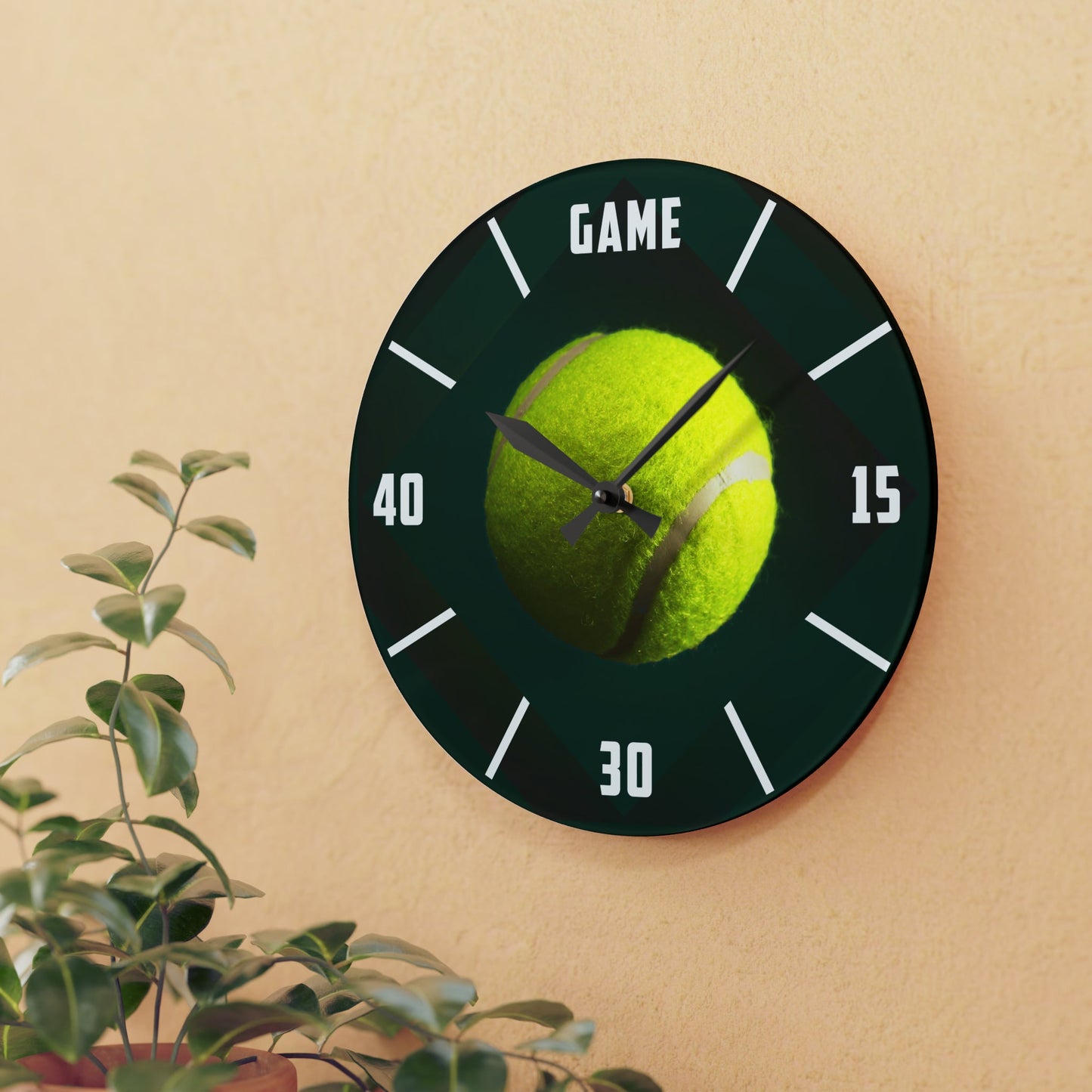 TENNIS TIME Acrylic Frameless Wall Clock mockup on wall