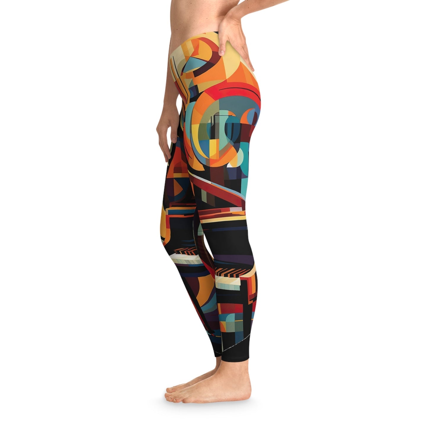 Cubism-style piano Stretchy Leggings mock up on model