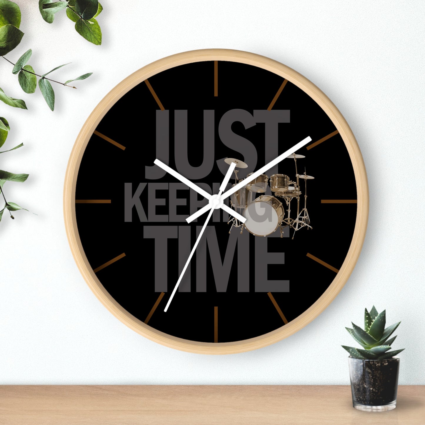 Just Keeping TIME | Drums-themed 10" Wall Clock, 2" black frame and plexiglass front, Drummer Gift