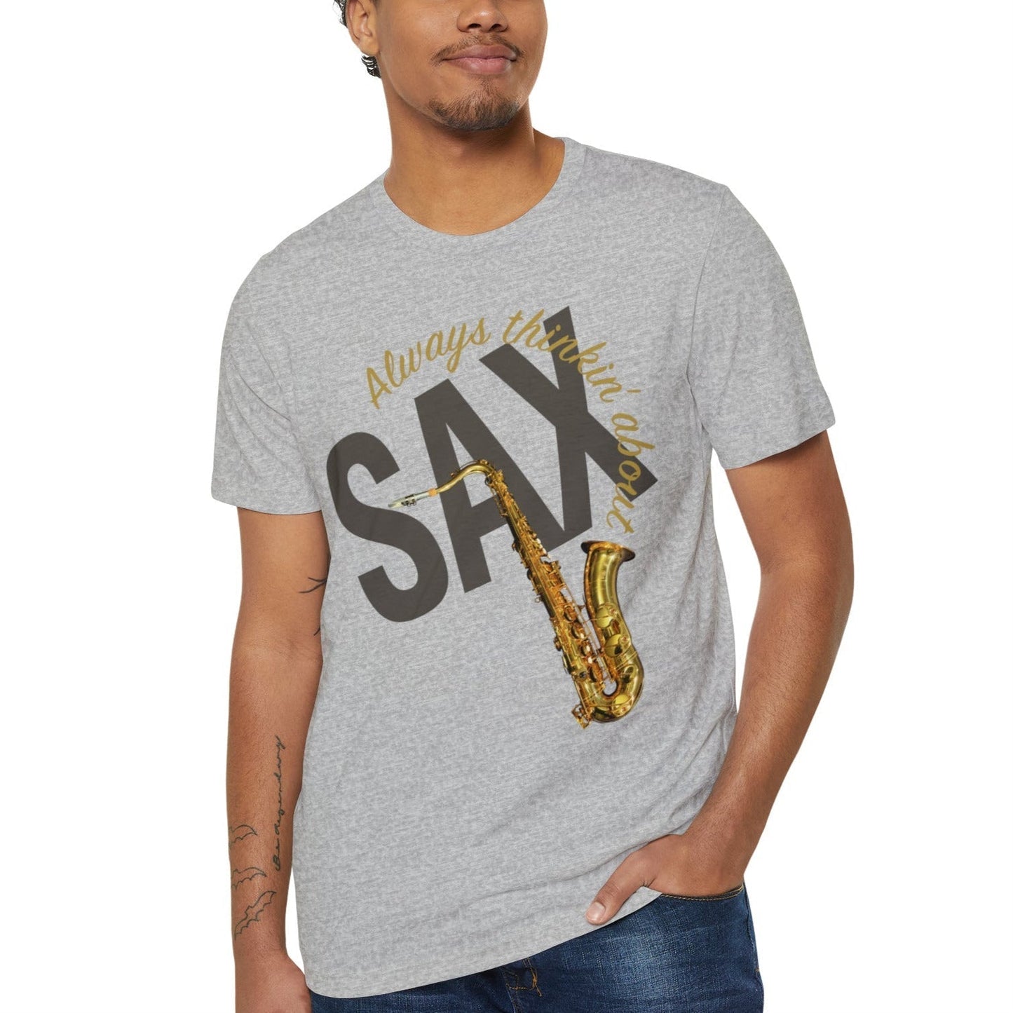 Always Thinkin About SAX T-Shirt Mockup on model