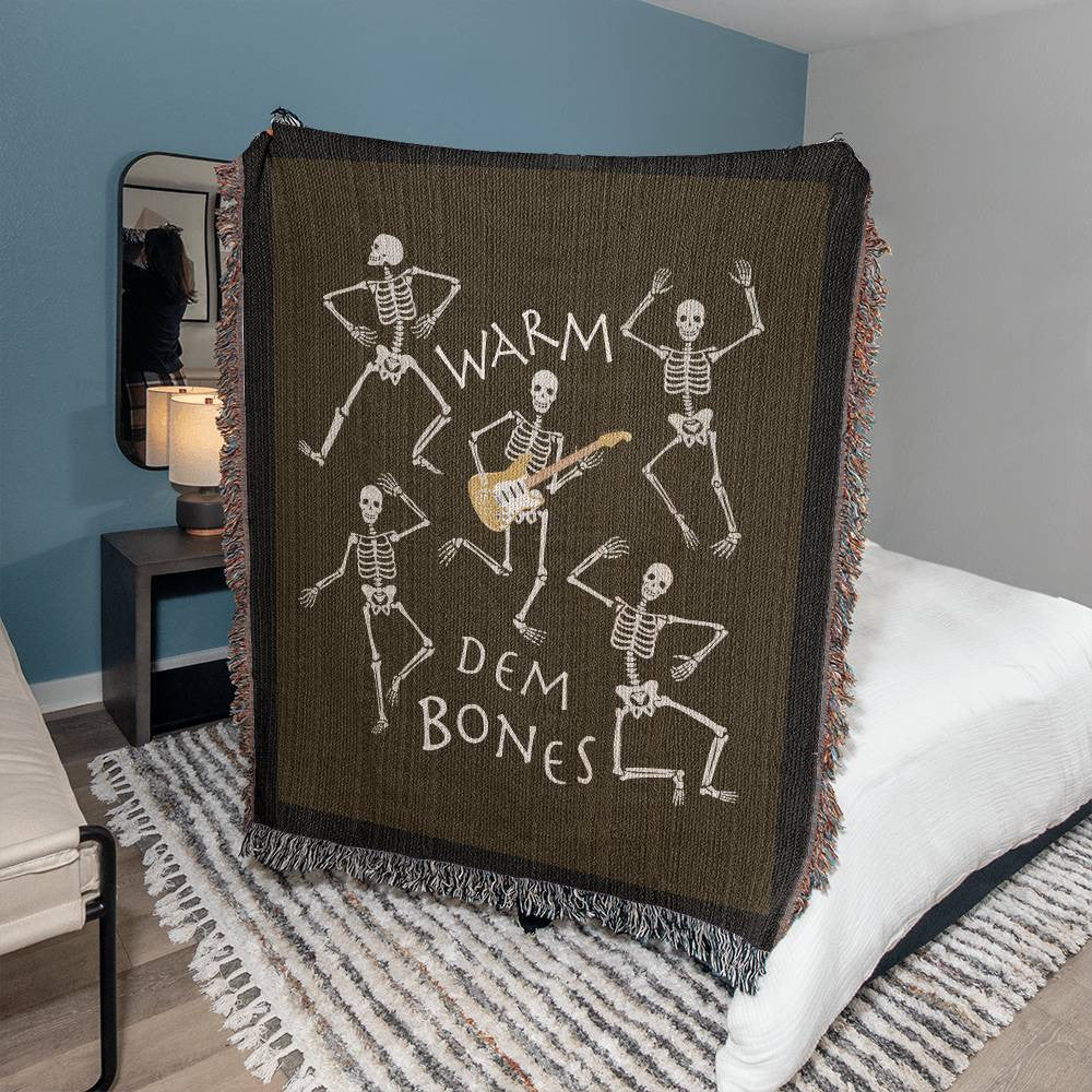 Heirloom Woven Blanket, Warm Dem Bones, Dancing and guitar playing skeletons, Halloween gift for Music Fans and Guitar players