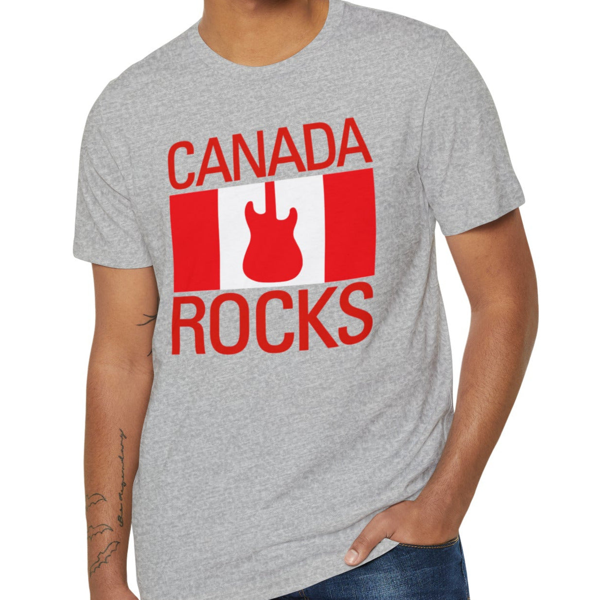 wearing CANADA ROCKS T-shirt, grey