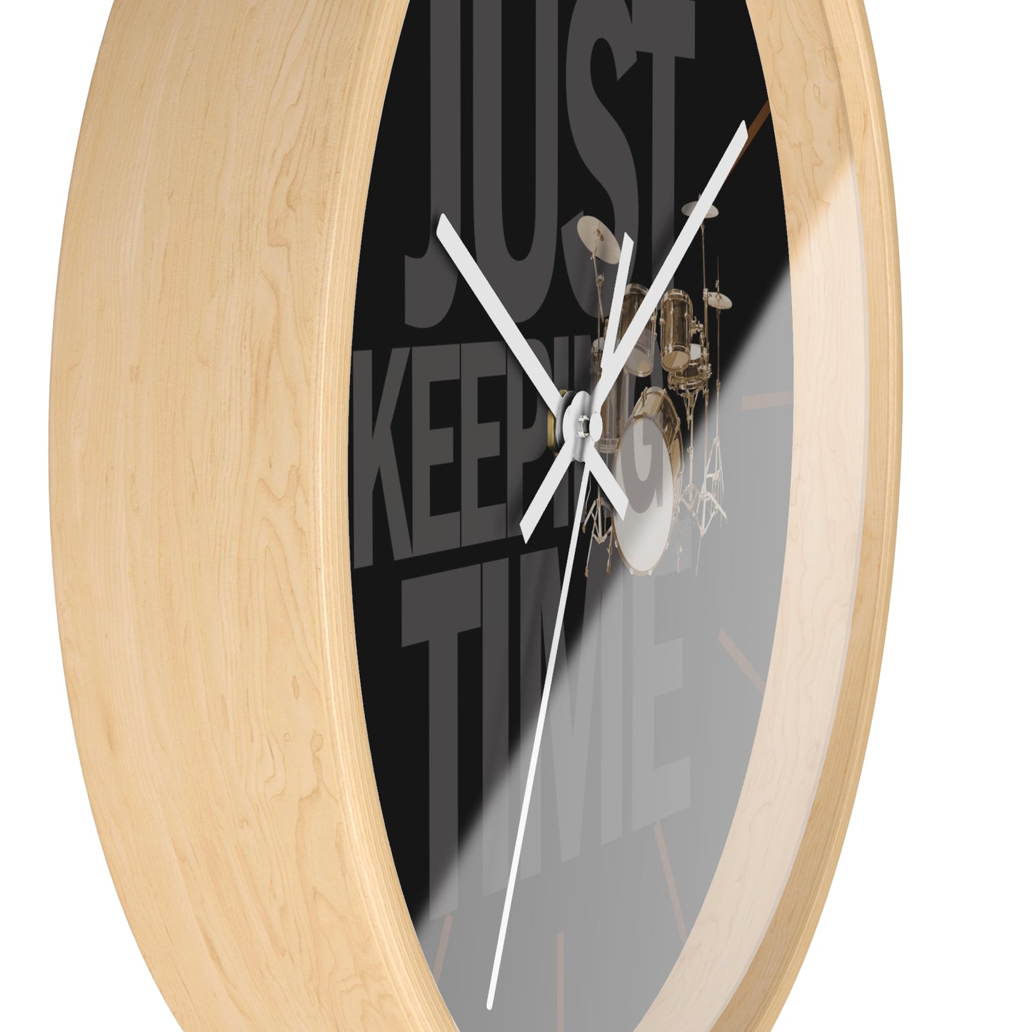 Just Keeping TIME | Drums-themed 10" Wall Clock, 2" black frame and plexiglass front, Drummer Gift