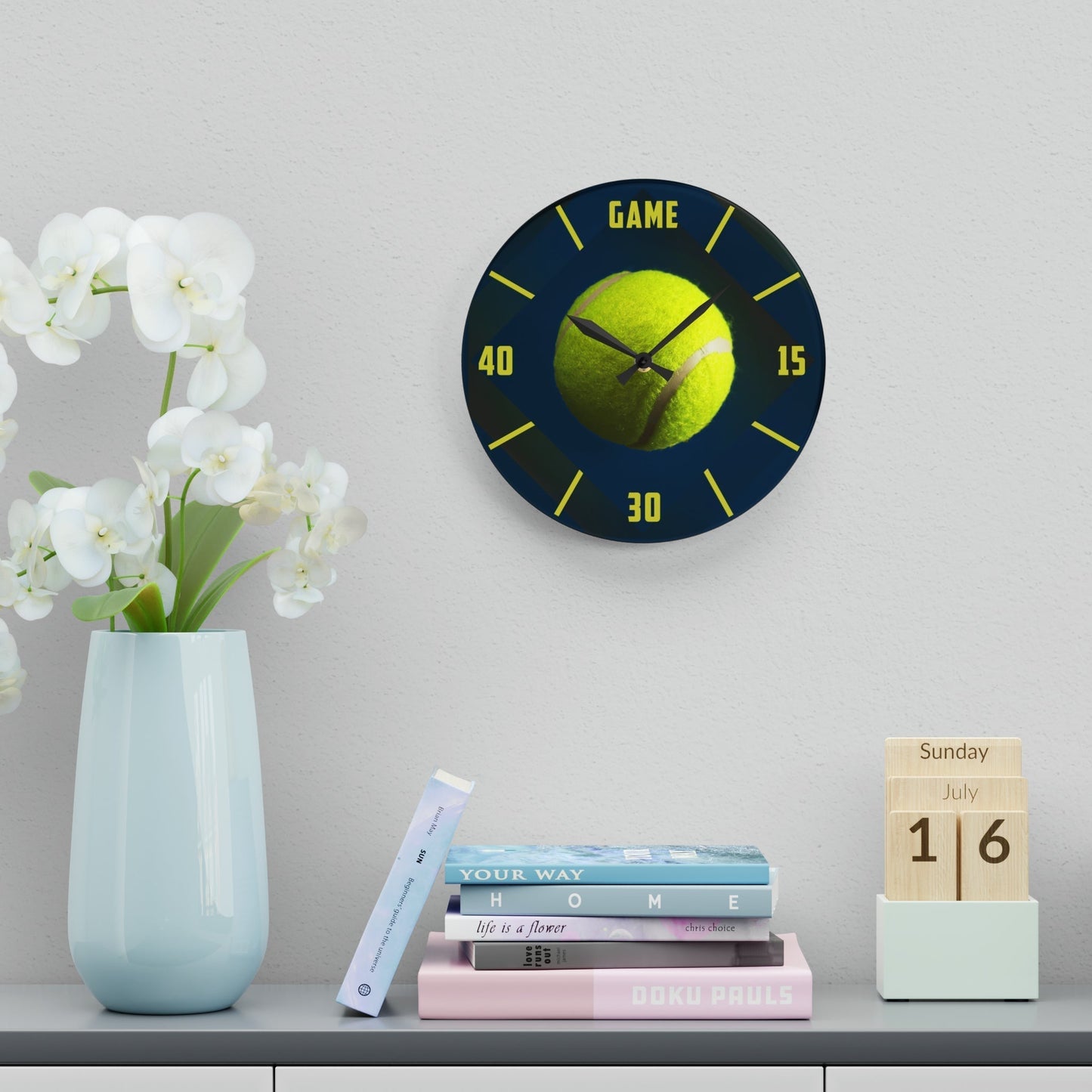TENNIS TIME Acrylic Frameless Wall Clock Blue mockup on wall