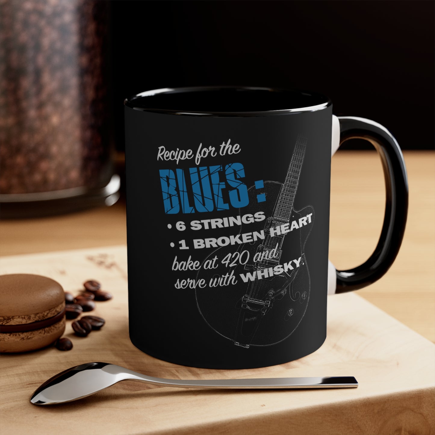 RECIPE for the BLUES Coffee Mug, with Gretsch Electric Guitar and Juke Joint in Acton logo, Music fan Gift, 11oz, Blue or Black for Blues Fans