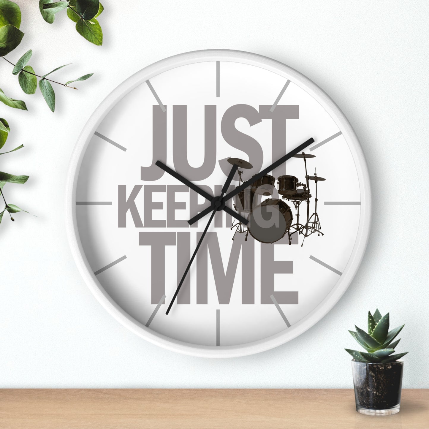 Just Keeping TIME | Drums-themed 10" Wall Clock, 2" black frame and plexiglass front, Drummer Gift