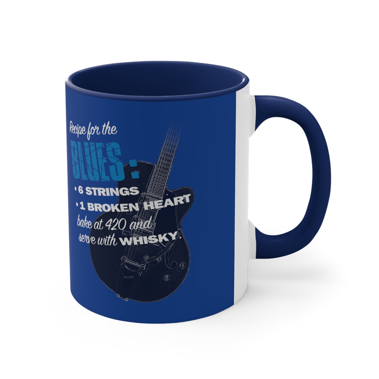 RECIPE for the BLUES Coffee Mug, with Gretsch Electric Guitar and Juke Joint in Acton logo, Music fan Gift, 11oz, Blue or Black for Blues Fans