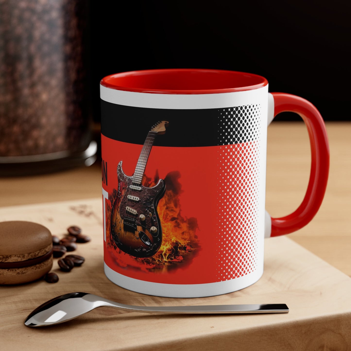 Burning Stratocaster Guitar Coffee Mug, CAUTION HOT mockup