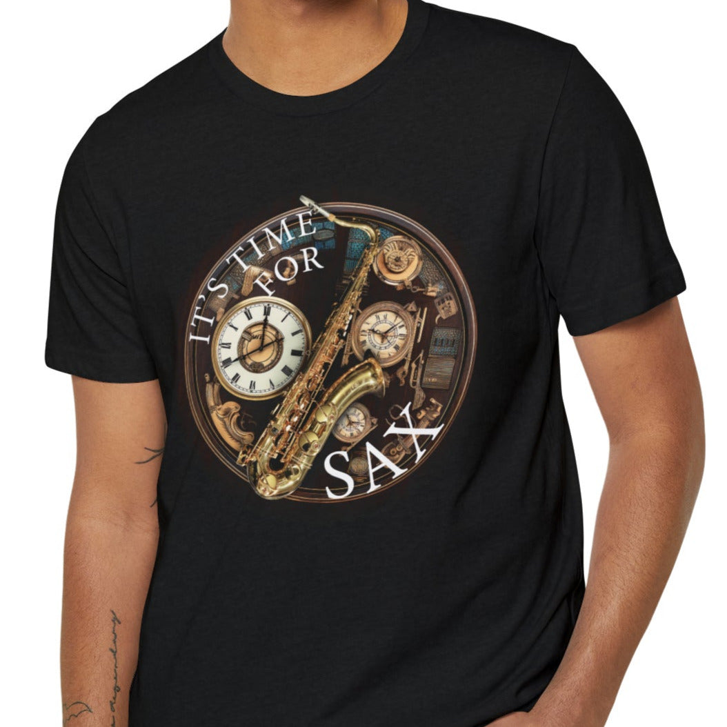Its Time for SAX Recycled T-shirt mock up on model