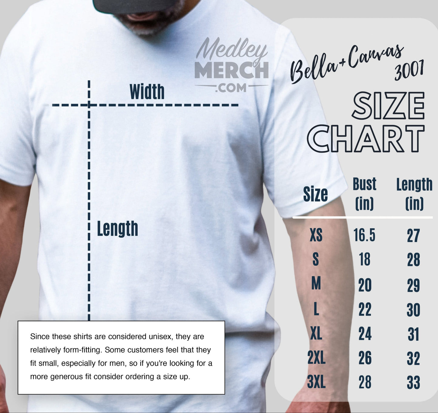 t-shirt with size chart and measurement guide on a gray background