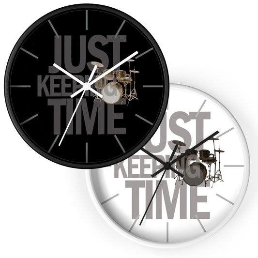 Just Keeping TIME | Drums-themed 10" Wall Clock, 2" black frame and plexiglass front, Drummer Gift