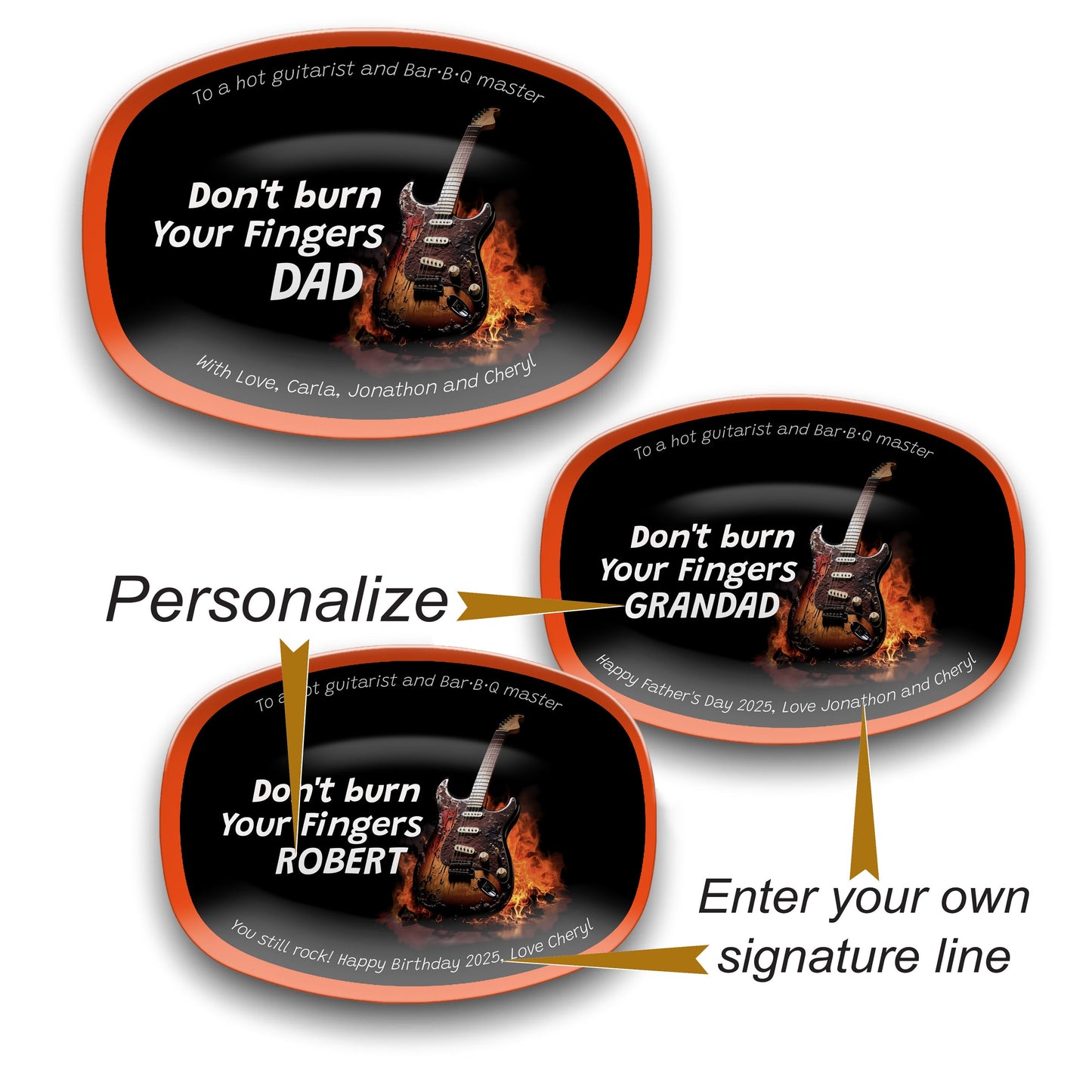 Personalized Grilling Platter, Dad Gift burning guitar showing options
